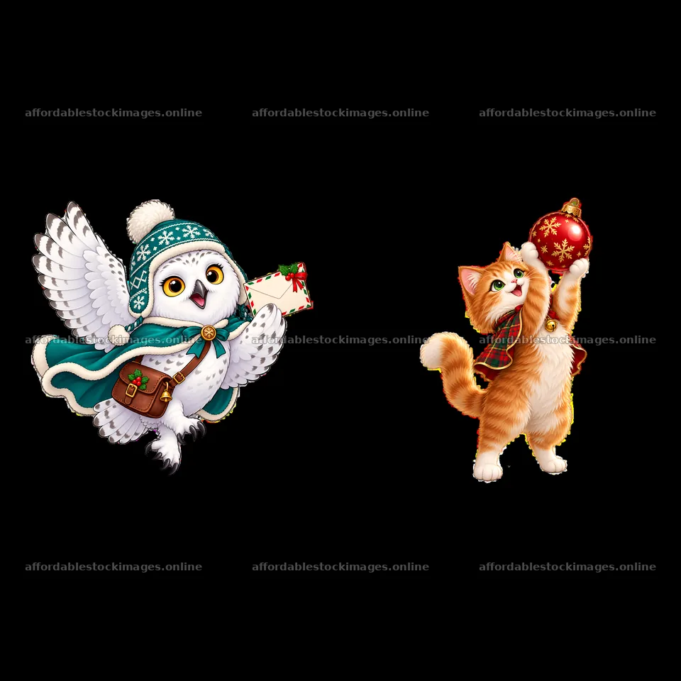 Owl with a letter and cat holding a Christmas ornament – stock images 7746x7746