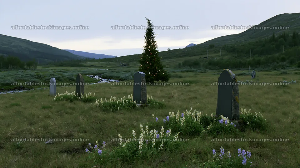Christmas tree in meadow near stream with gravestones – stock images 10608x5938
