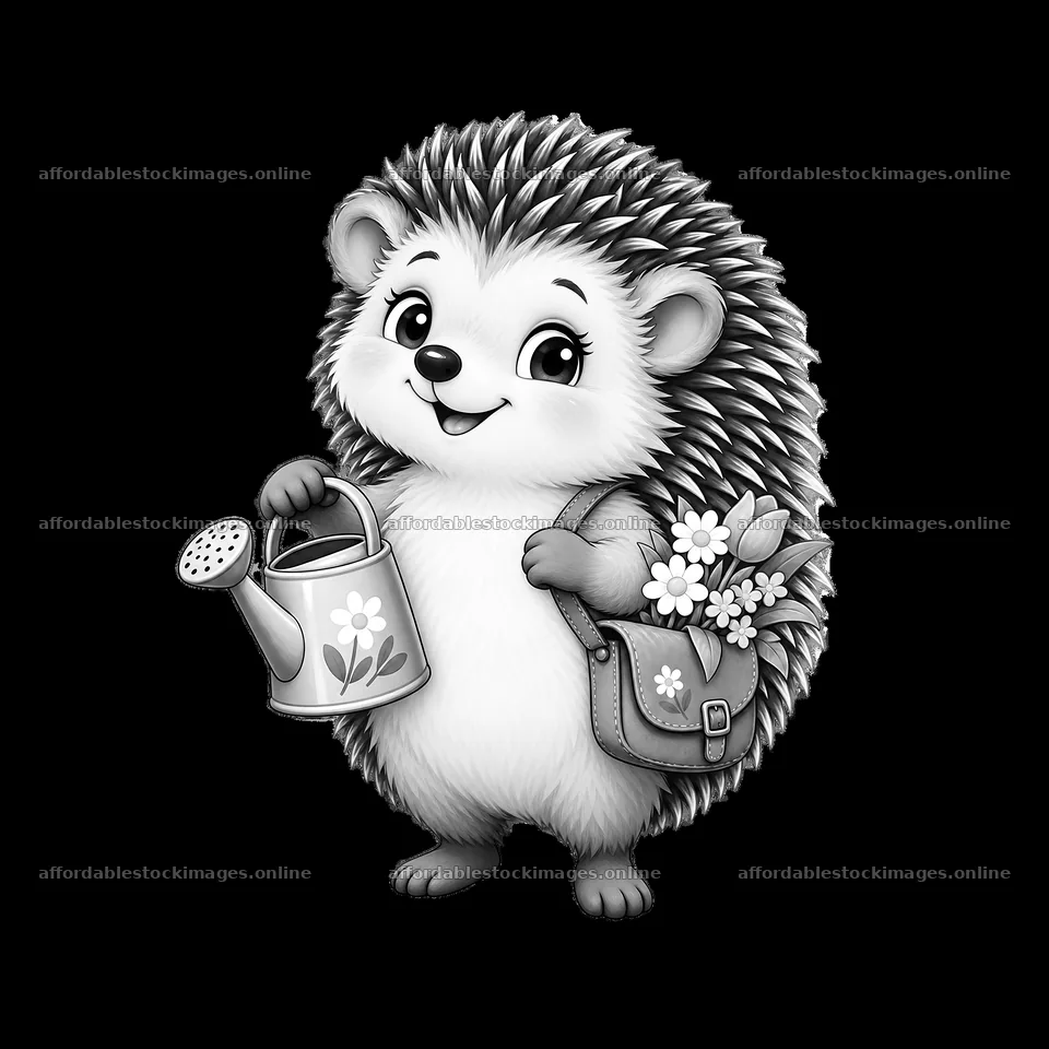 Hedgehog with watering can and flower bag in Easter meadow scene – stock images 7746x7746