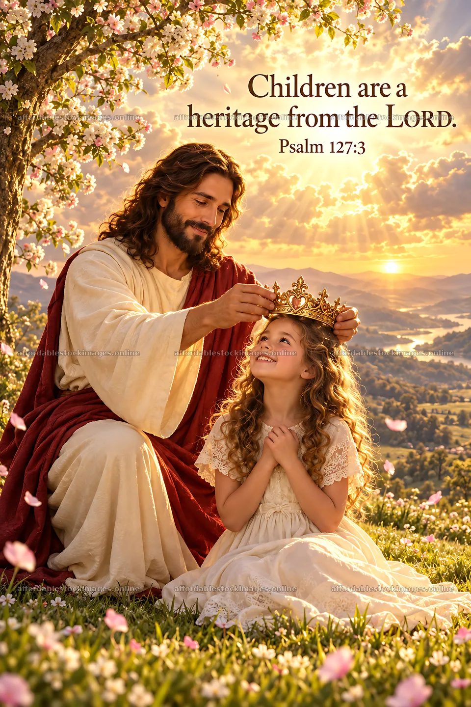 Jesus Christ crowns a child in a garden of flowers – stock images 6480x9722