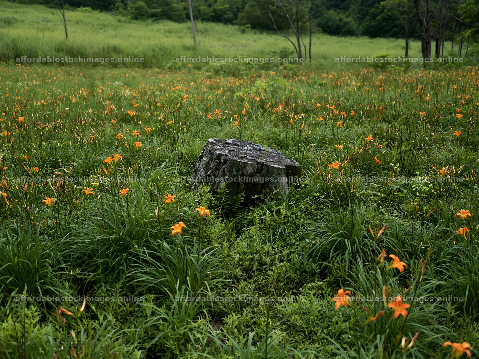 Fukushima native meadow with weathered stump and orange flowers – stock images 9174x6866