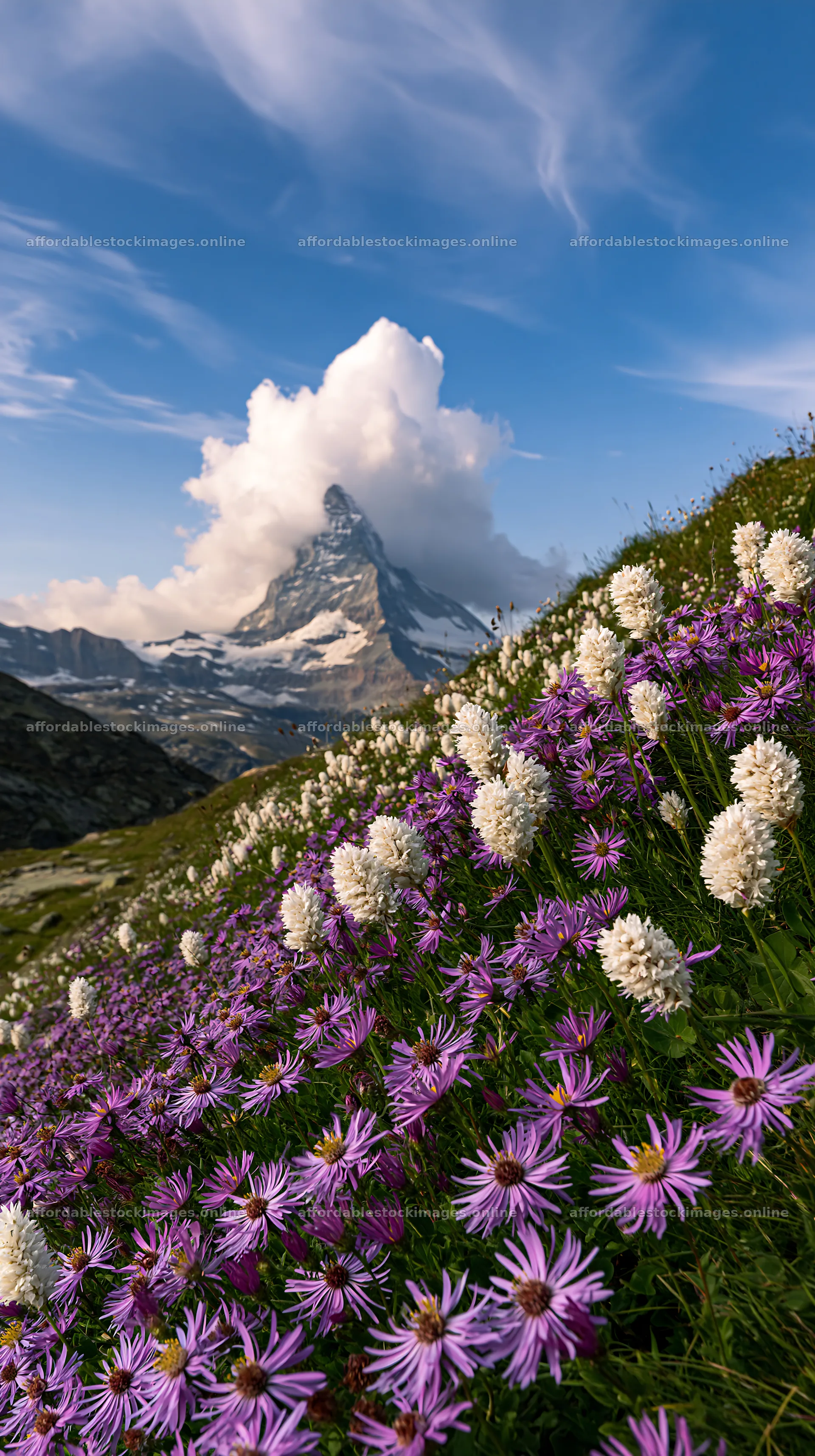 Matterhorn mountain with alpine wildflower meadow in summer – stock images 5938x10608