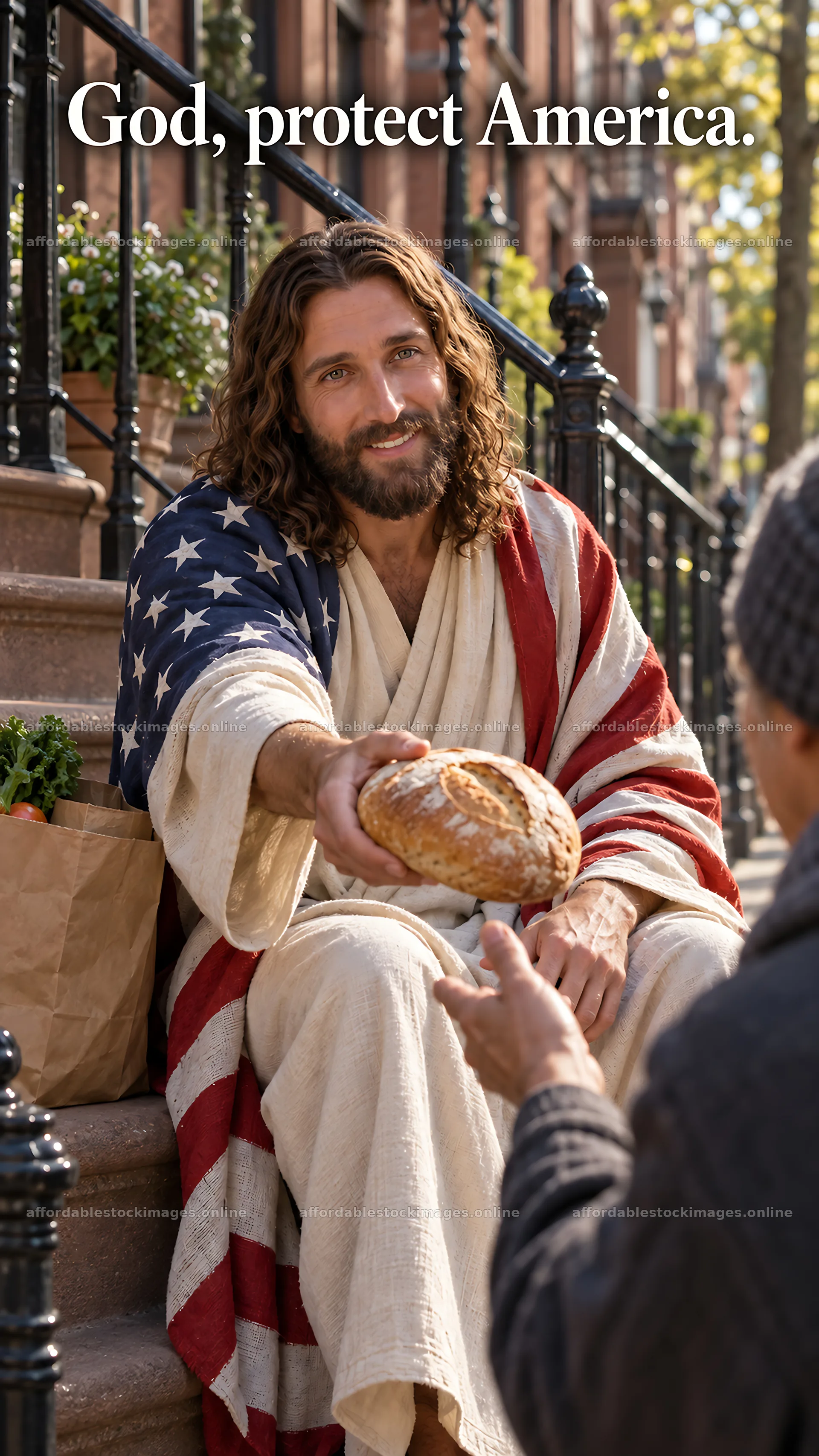 Jesus Christ sharing bread with a person on the steps – stock images 5811x10326