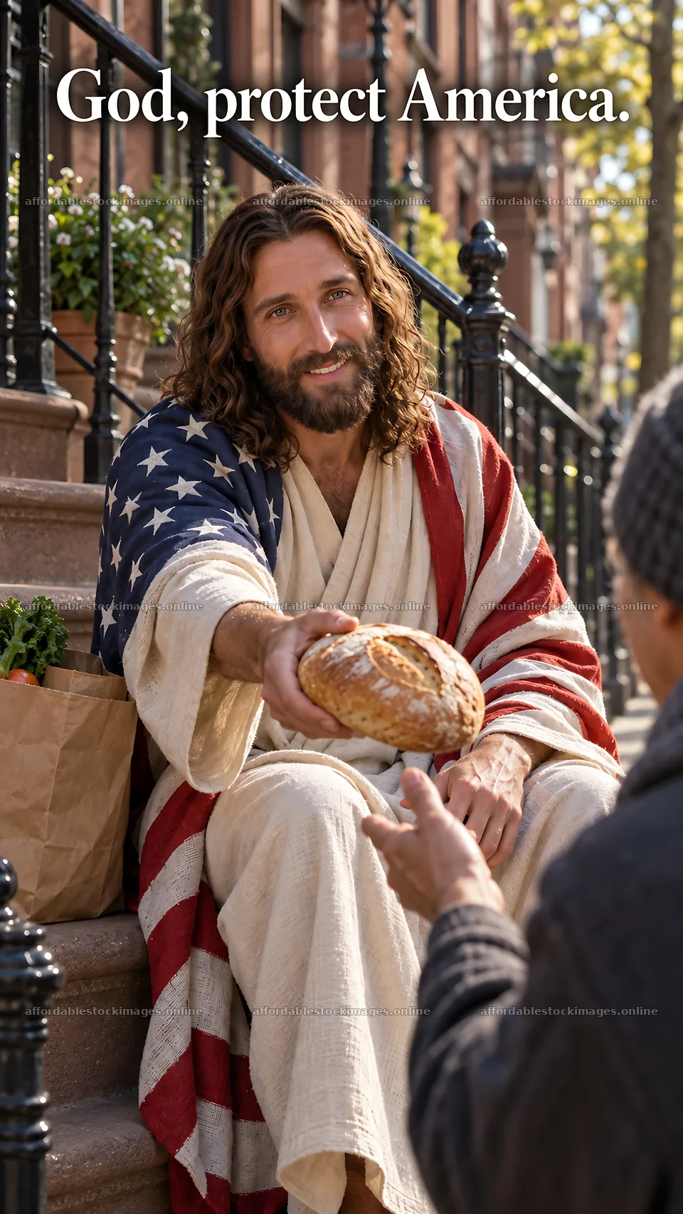 Jesus Christ sharing bread with a person on the steps – stock images 5811x10326