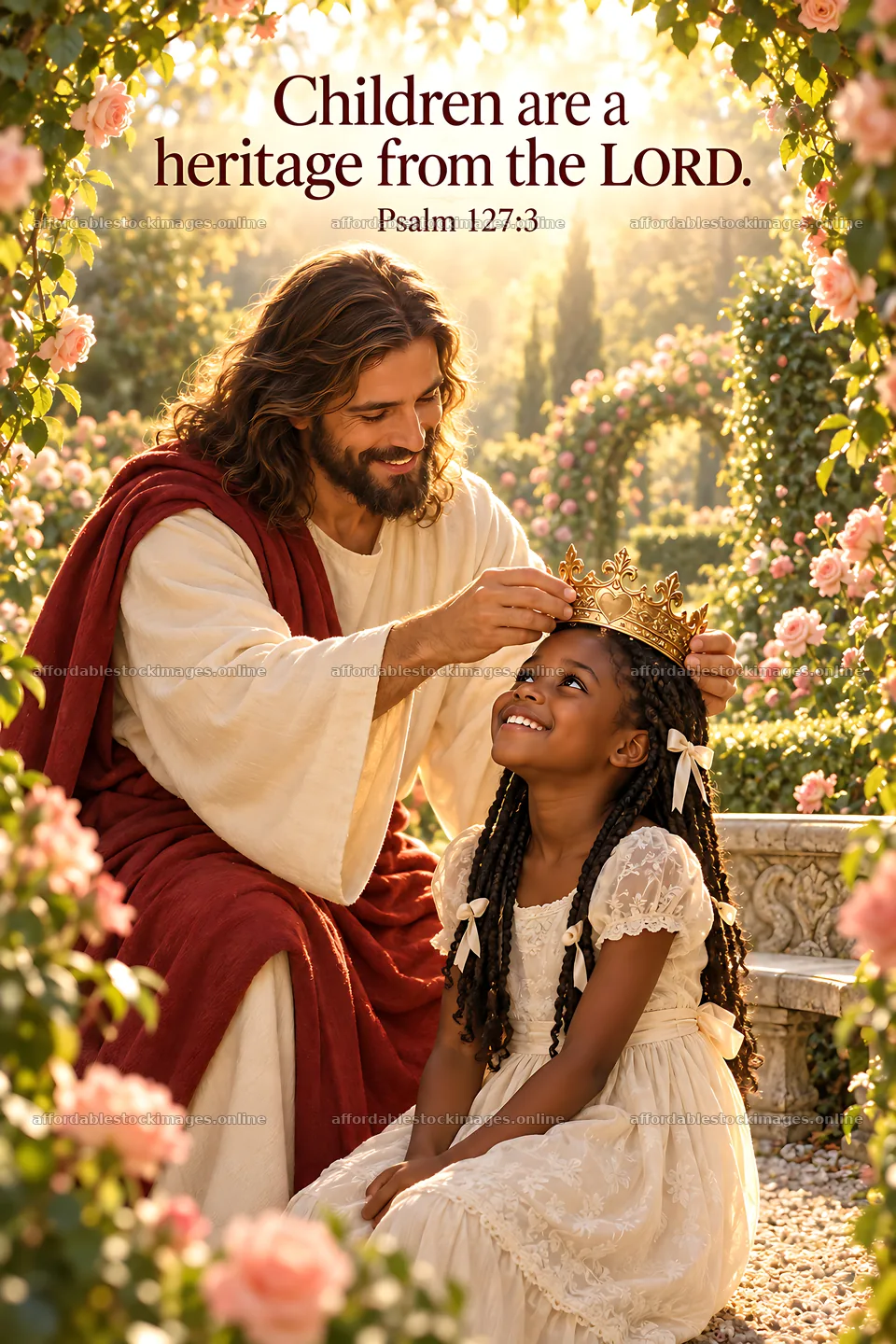 Jesus Christ crowns a child in a garden – stock images 6480x9722