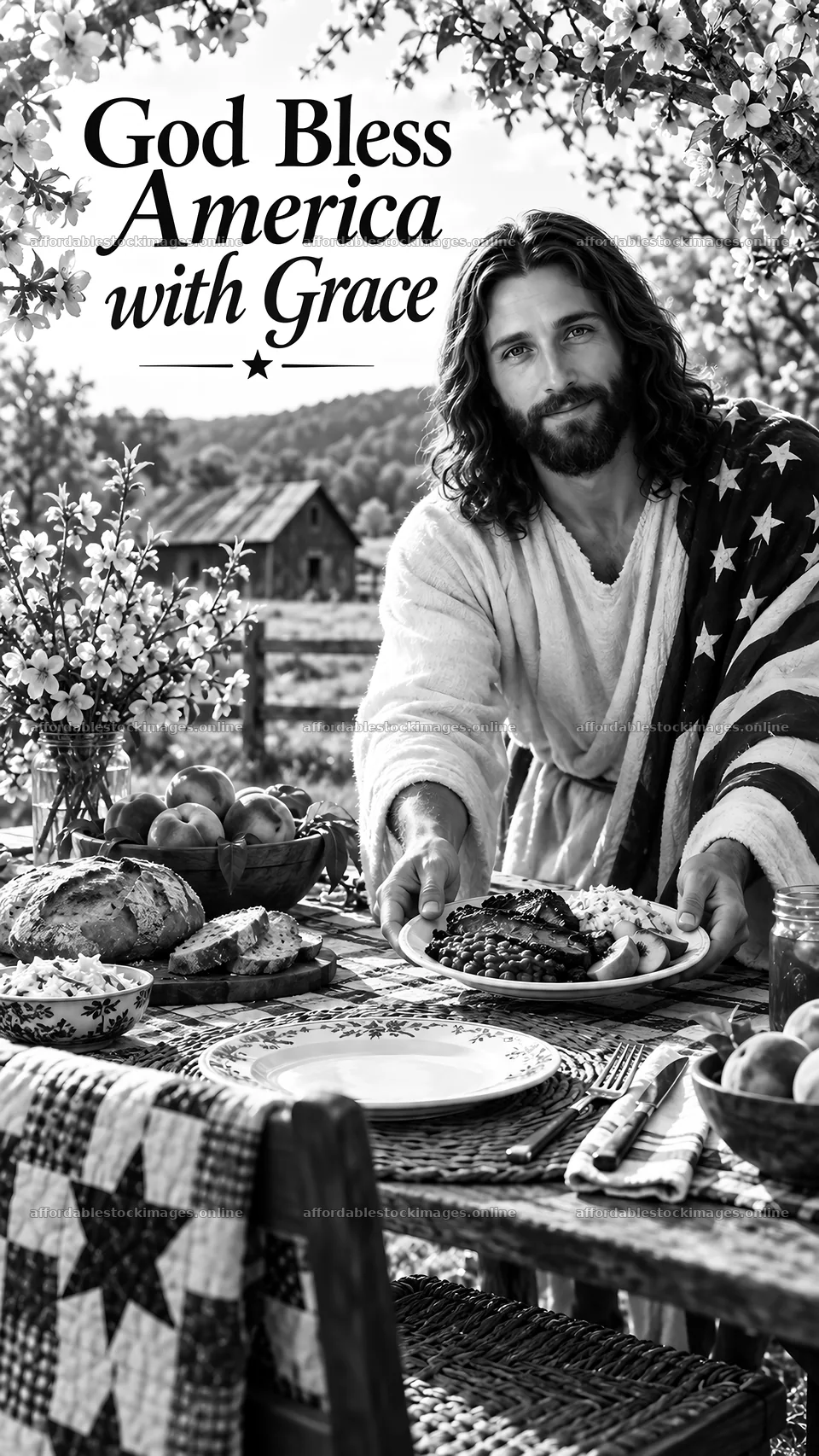 Jesus Christ sharing a meal in a countryside setting – stock images 5811x10326