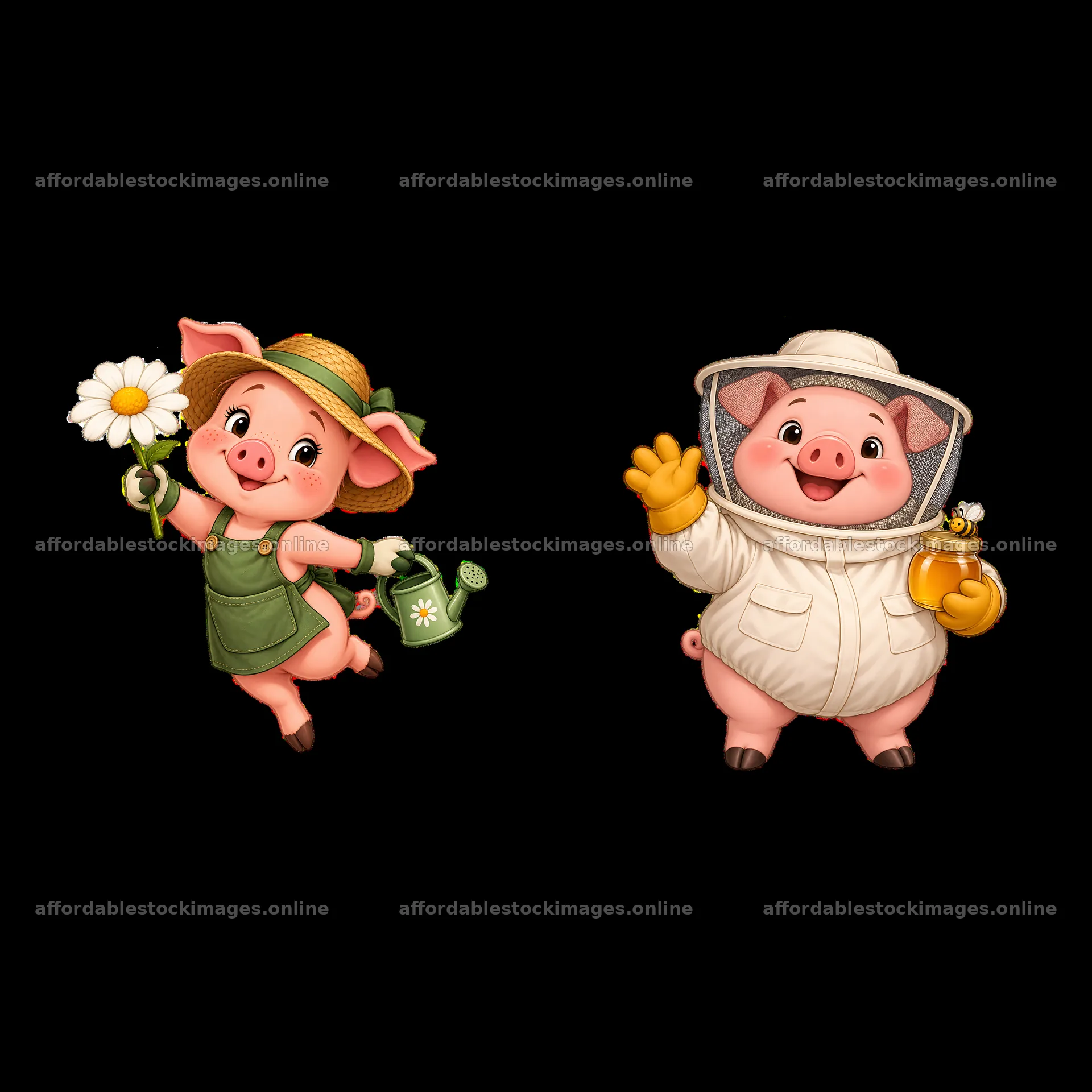 Pig characters in gardening and beekeeping activities – stock images 7746x7746
