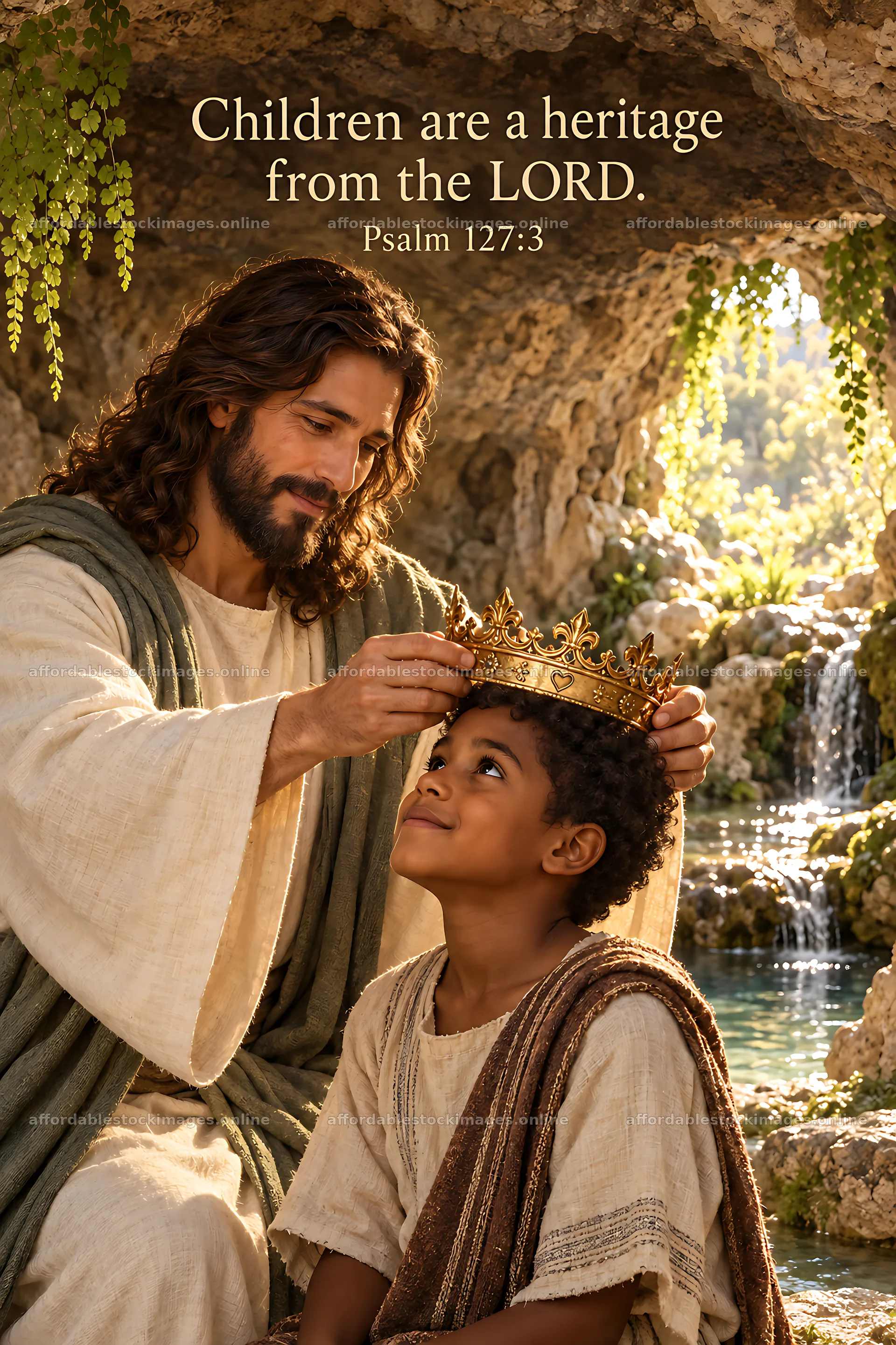 Jesus Christ placing a crown on a boy's head – stock images 6480x9722