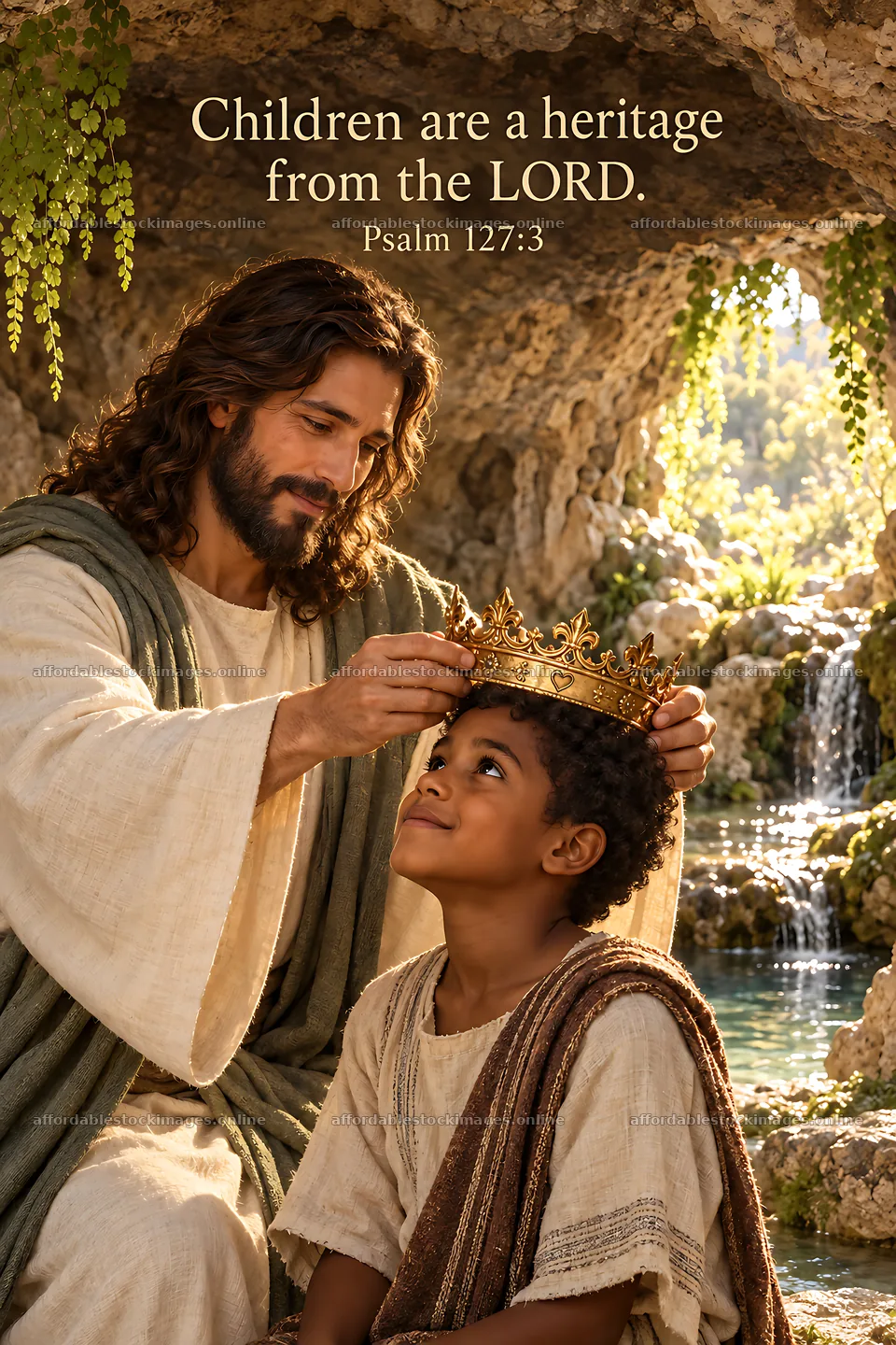 Jesus Christ placing a crown on a boy's head – stock images 6480x9722