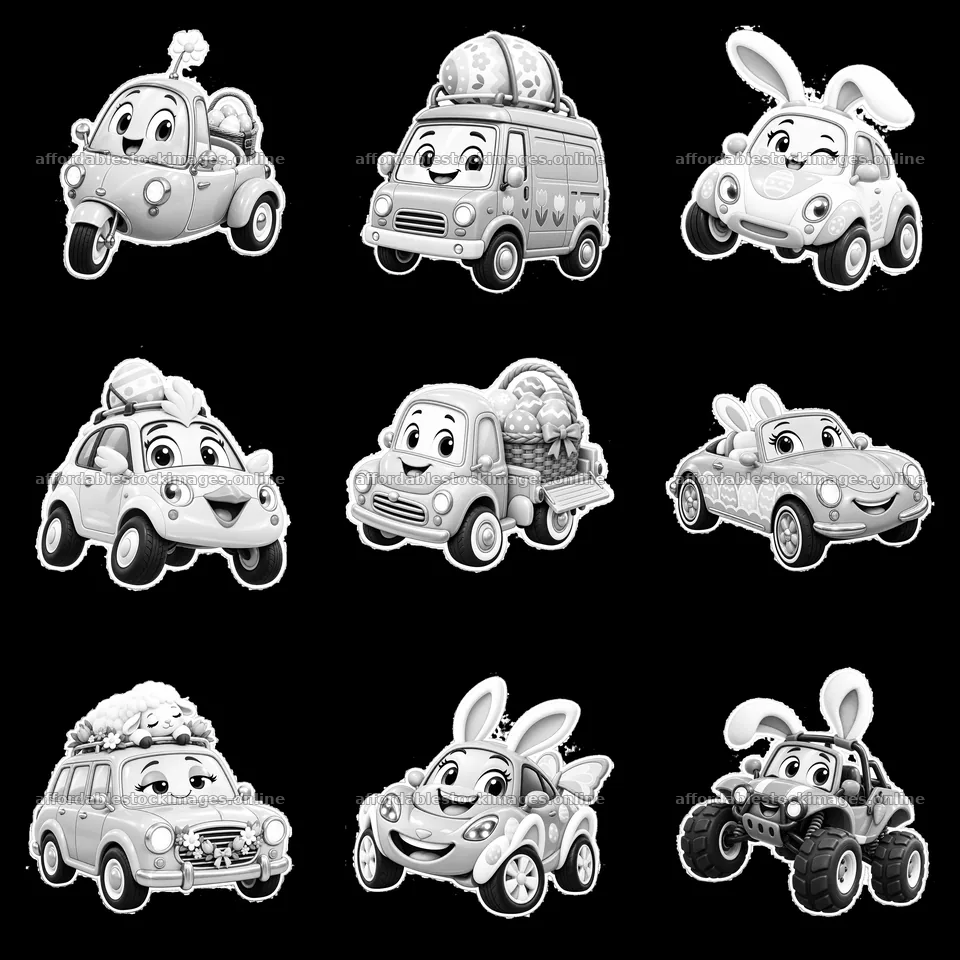 Easter-themed cartoon car stickers arranged in a 3x3 layout – stock images 7746x7746