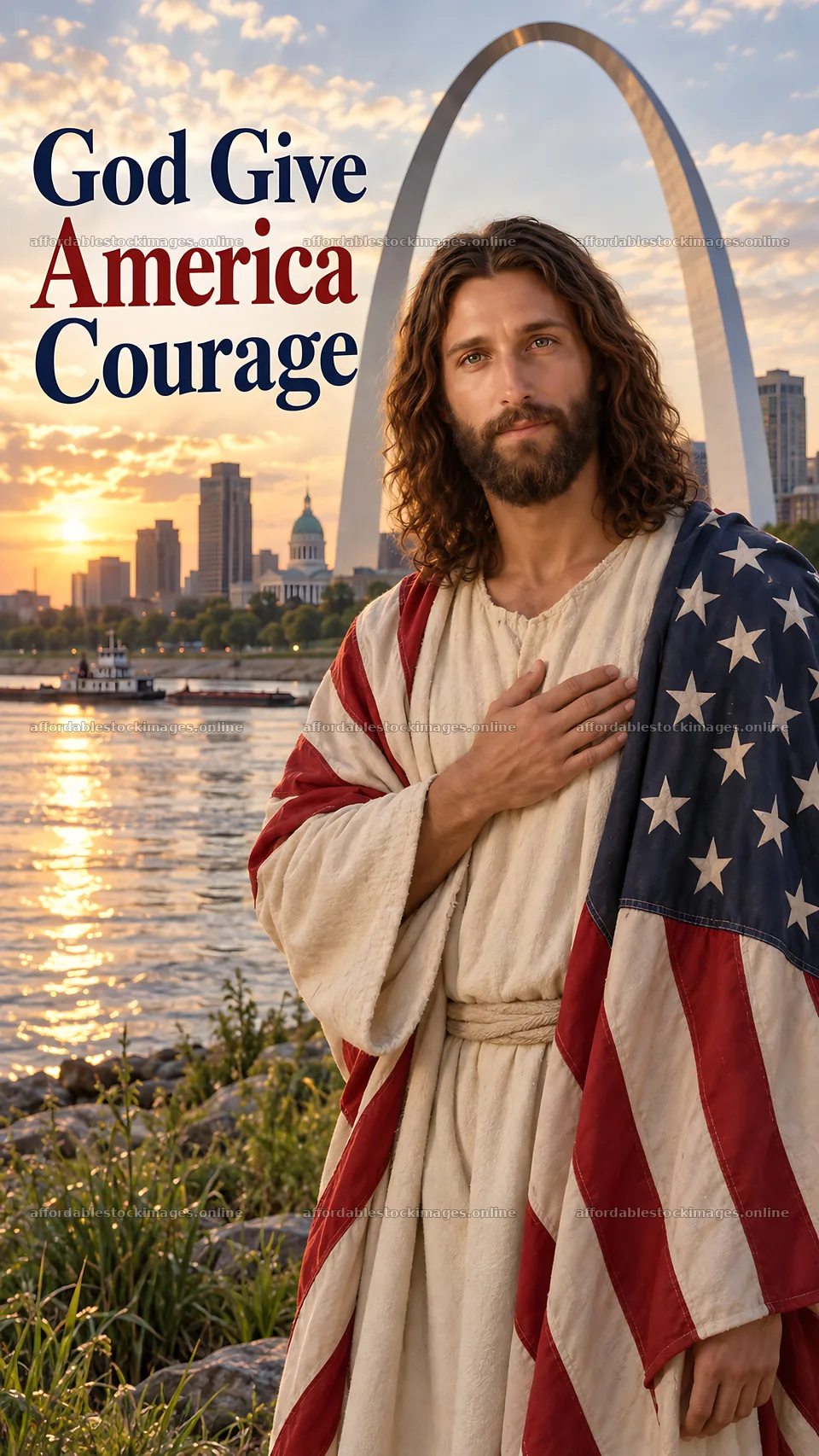 Jesus Christ standing with an American flag by the river – stock images 5811x10326