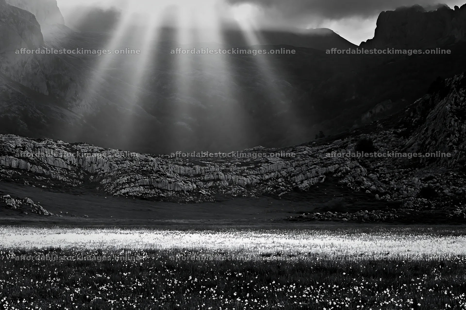 Sunrays illuminate meadow in Picos de Europa – stock images 9722x6480
