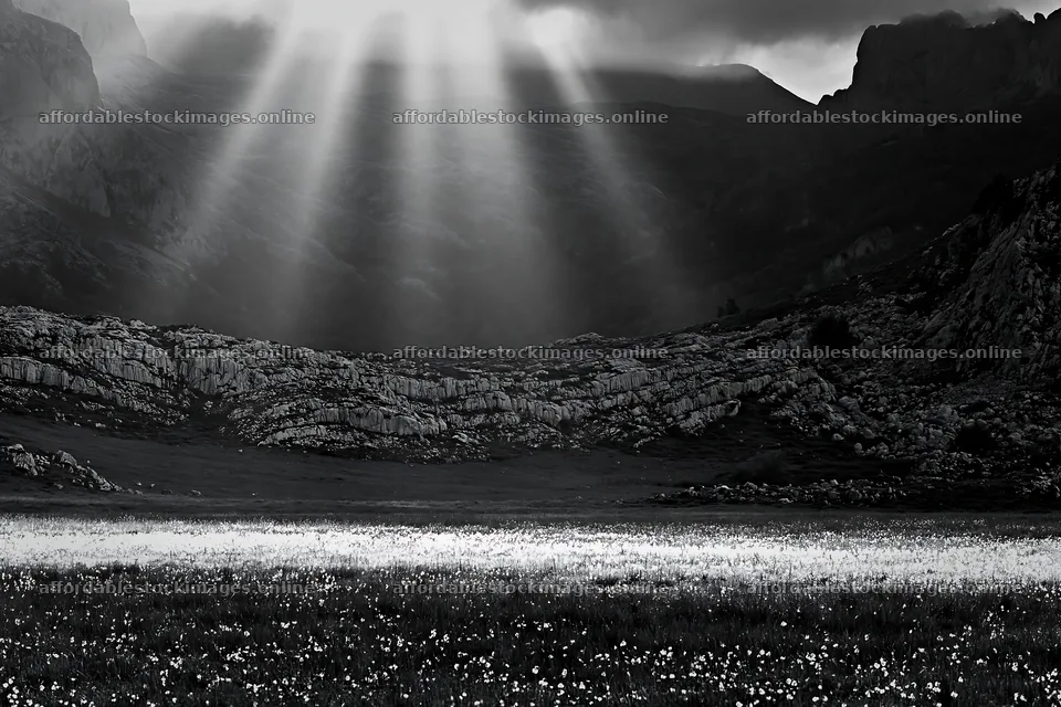Sunrays illuminate meadow in Picos de Europa – stock images 9722x6480
