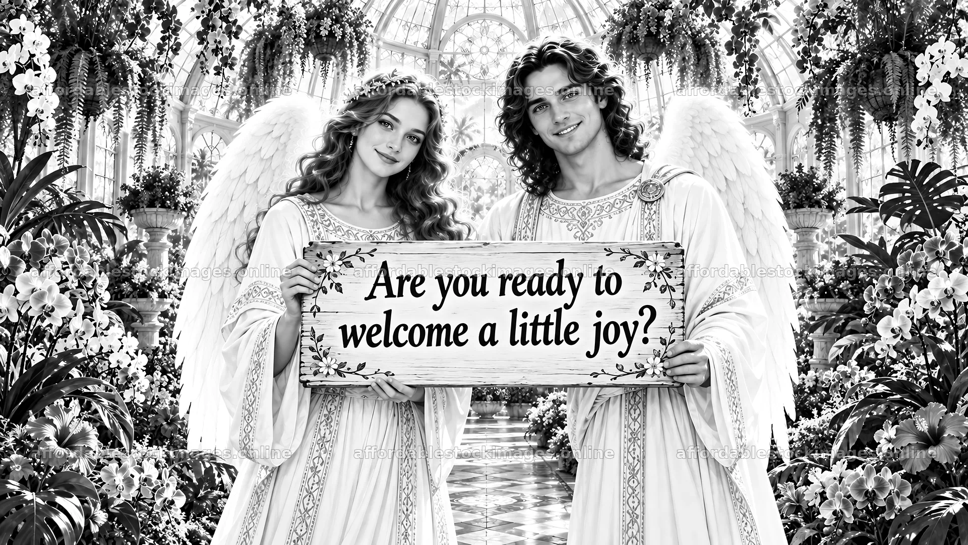 Jesus Christ welcomes joy in a beautiful garden setting – stock images 10324x5812
