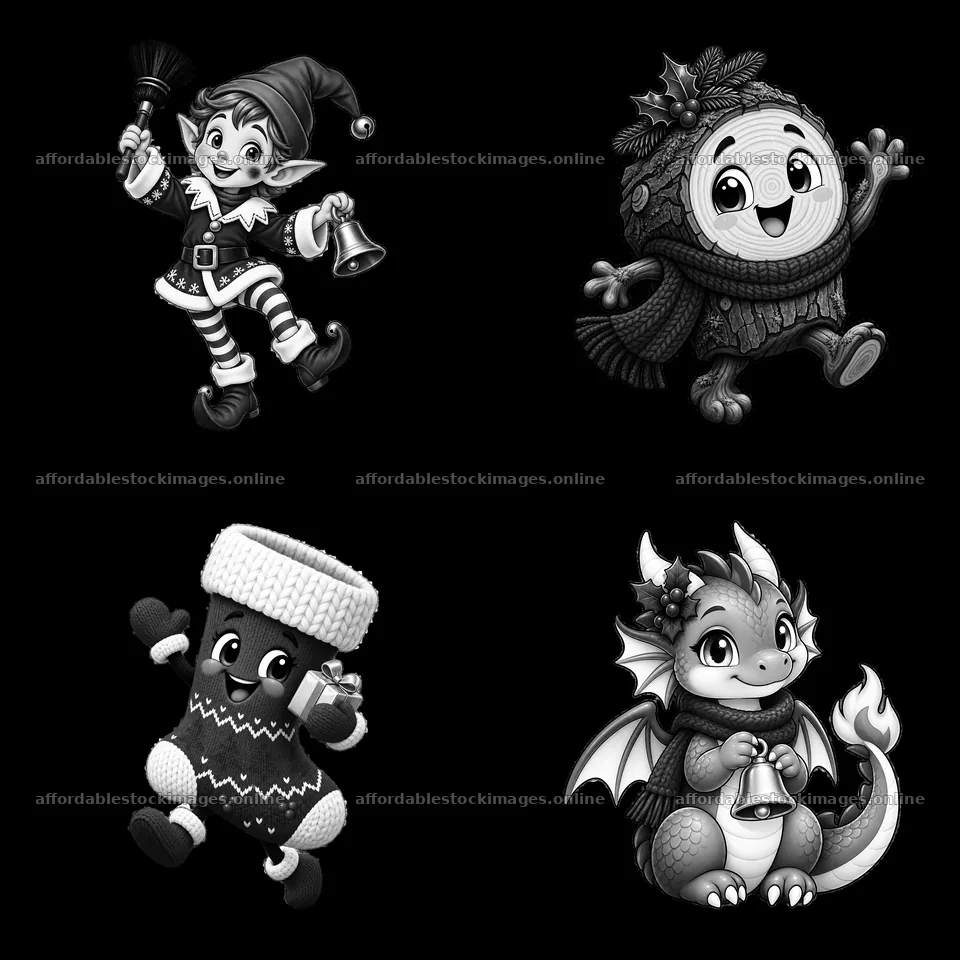 Monochrome four cartoon figure stickers in a square arrangement – stock images 7746x7746