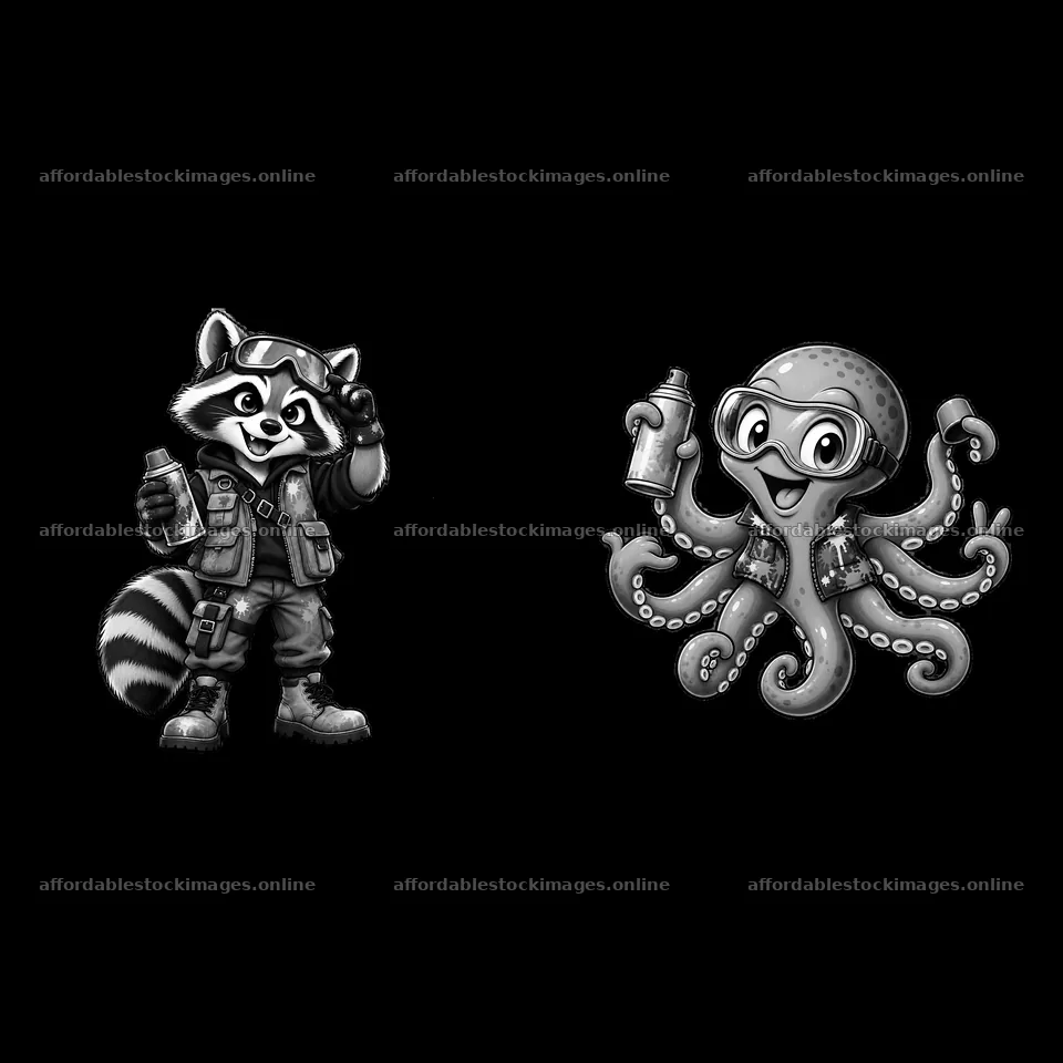 Graffiti sprayer raccoon and octopus duo in black and white – stock images 7746x7746