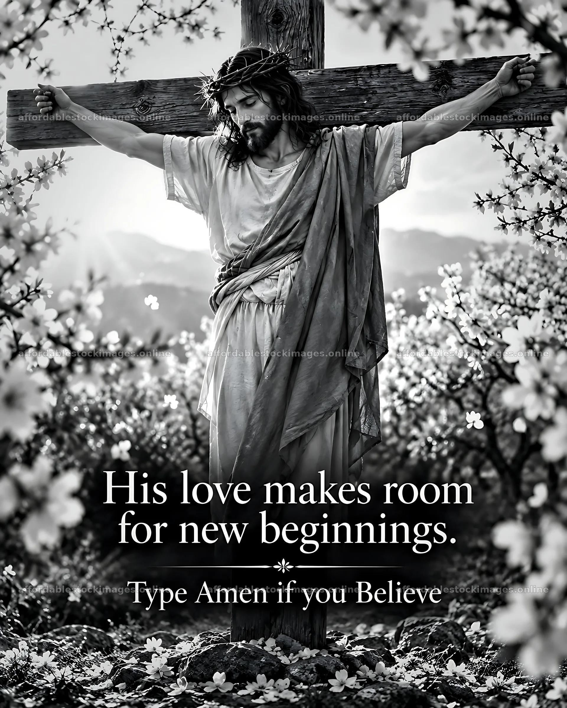 Faith among the blossoms in a black and white scene – stock images 7100x8872