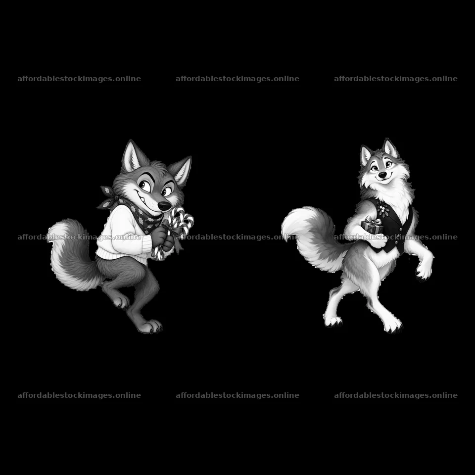 Christmas wolves holding candy canes and gifts – stock images 7746x7746