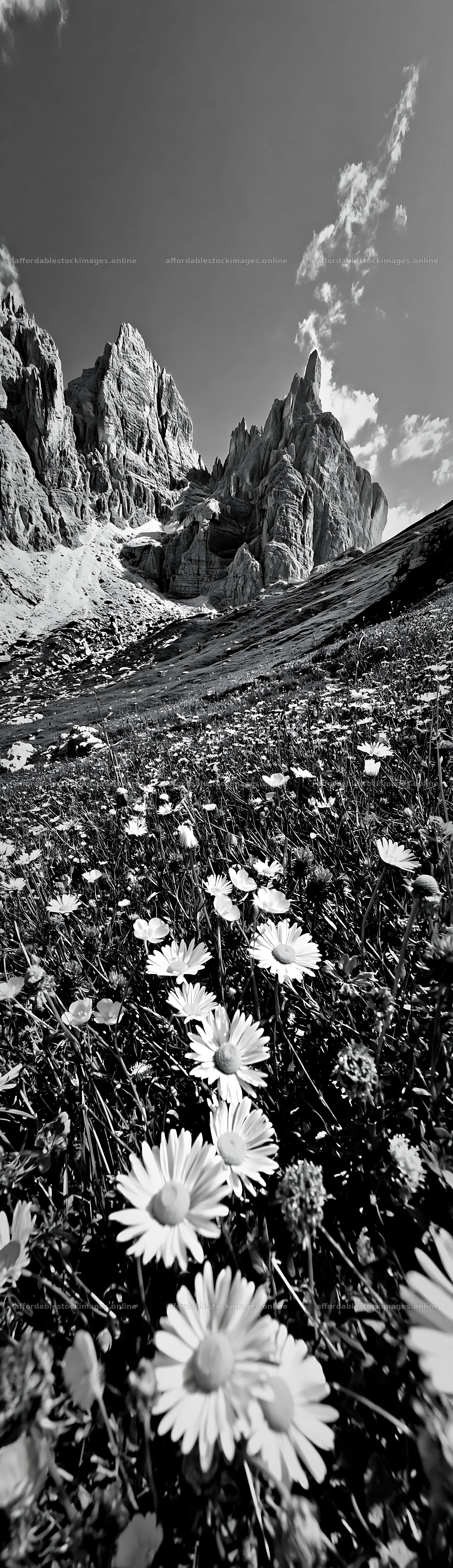 Regenerative meadow with flowers and mountains in background – stock images 4268x14762