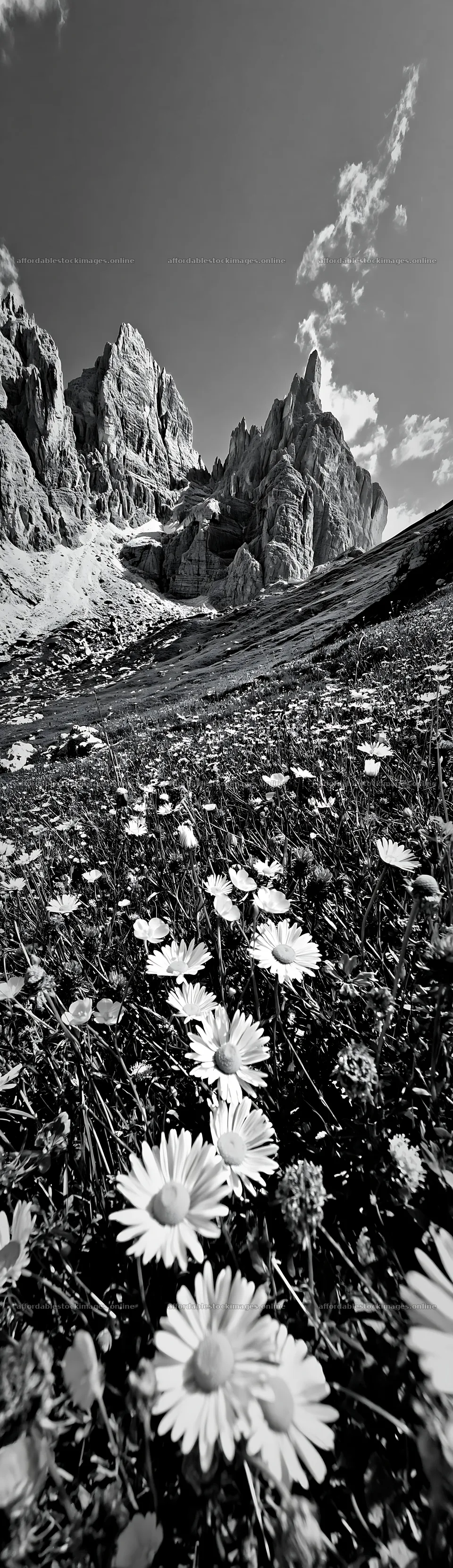 Regenerative meadow with flowers and mountains in background – stock images 4268x14762