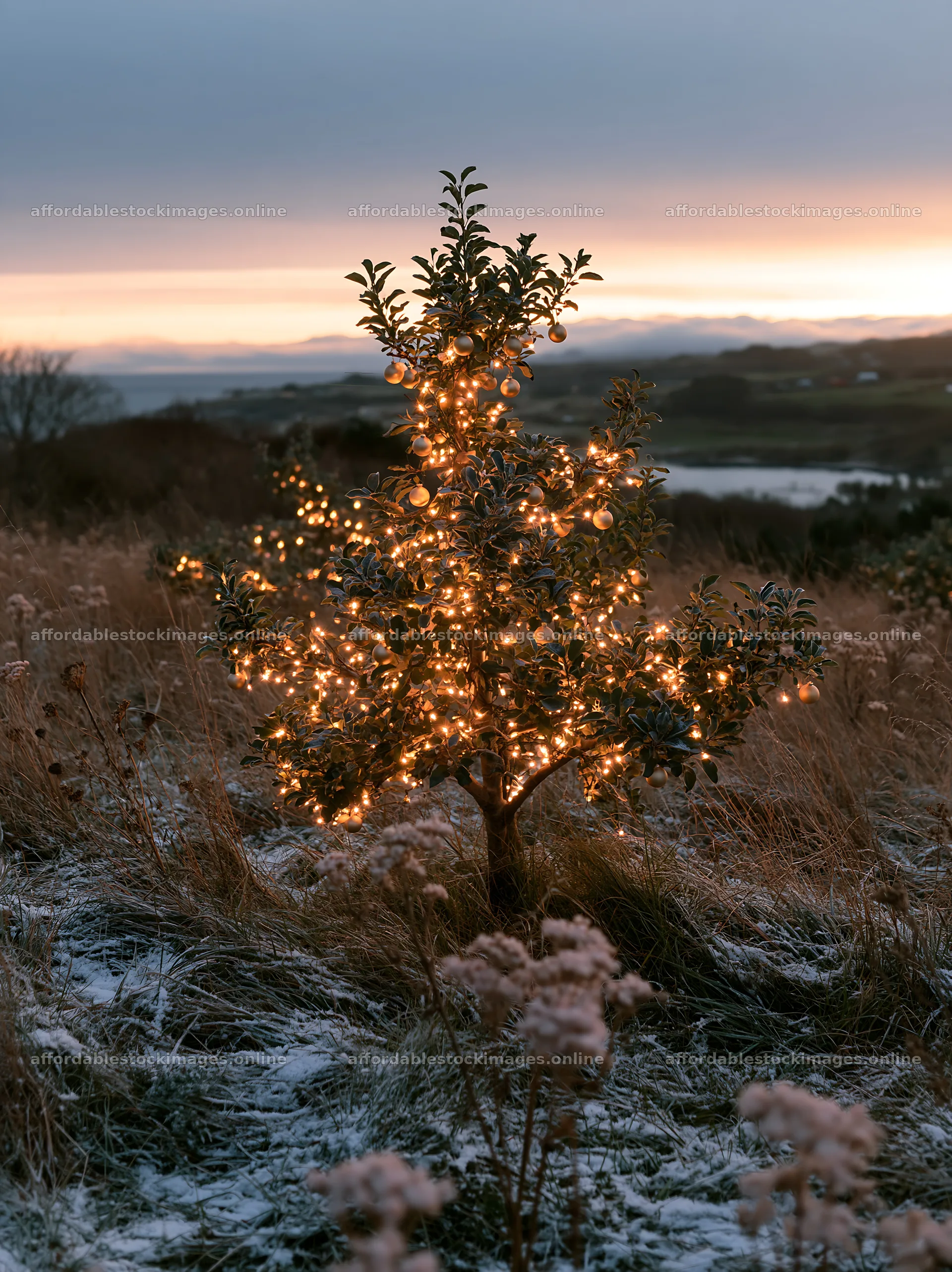 Apple tree in meadow with lights during winter sunset – stock images 6866x9174