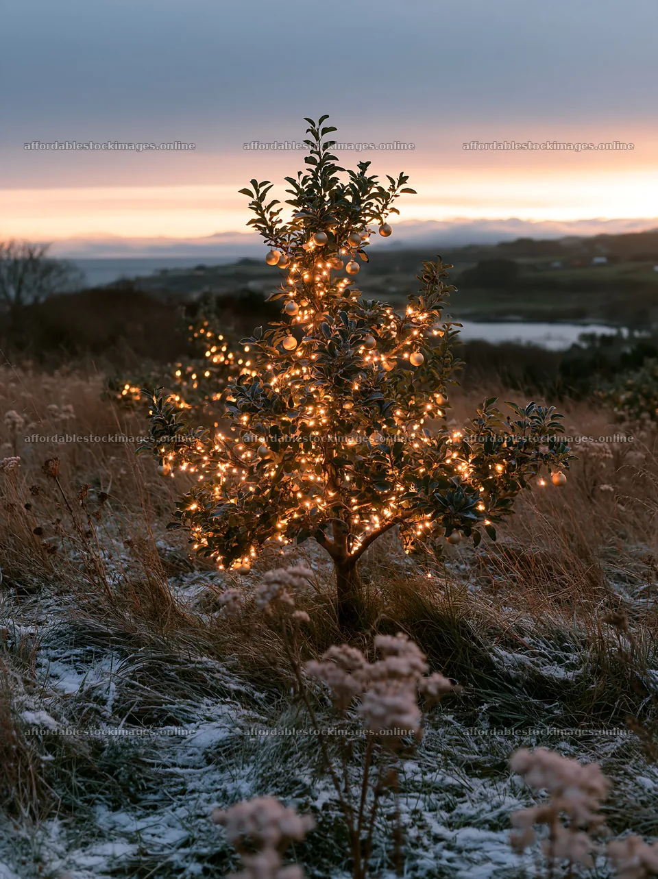 Apple tree in meadow with lights during winter sunset – stock images 6866x9174