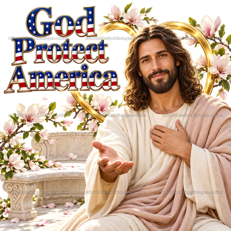 Jesus Christ welcoming with open hands surrounded by flowers – stock images 7746x7746