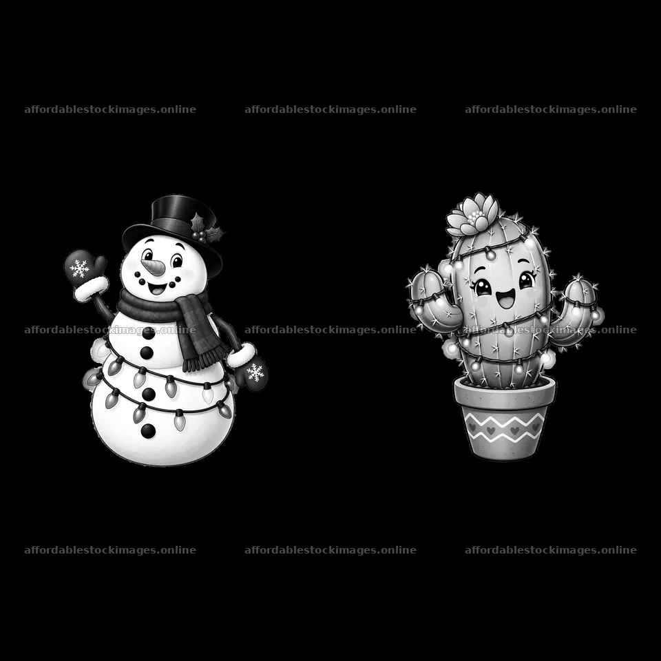 Snowman and cactus cartoon stickers with string lights – stock images 7746x7746