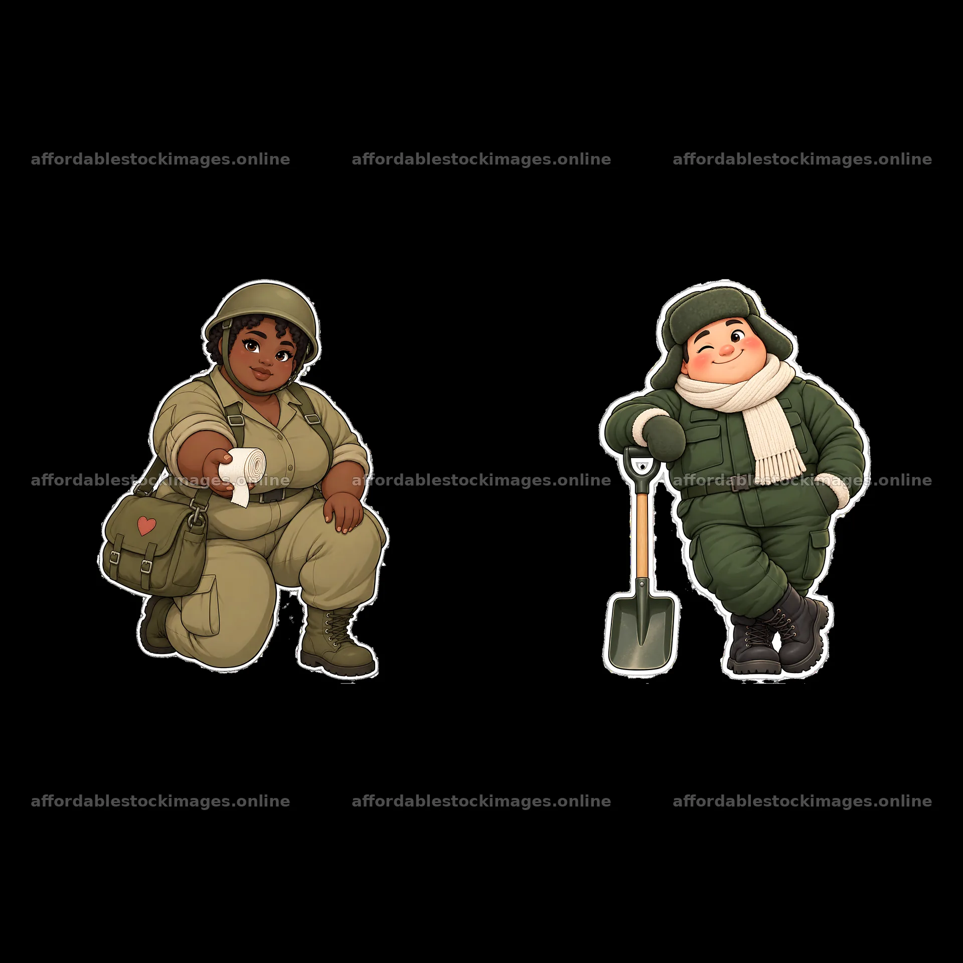 Cute ultra-chubby soldier duo with accessories in sticker design – stock images 7746x7746