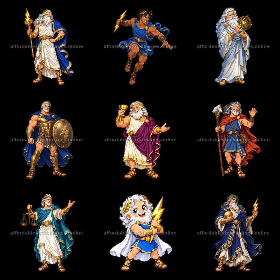 Various cartoon representations of Zeus and mythology characters – stock images 7746x7746