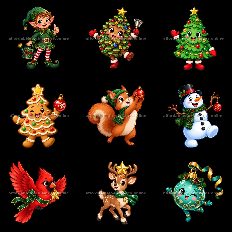 Christmas characters and decorations in a 3x3 arrangement – stock images 7746x7746