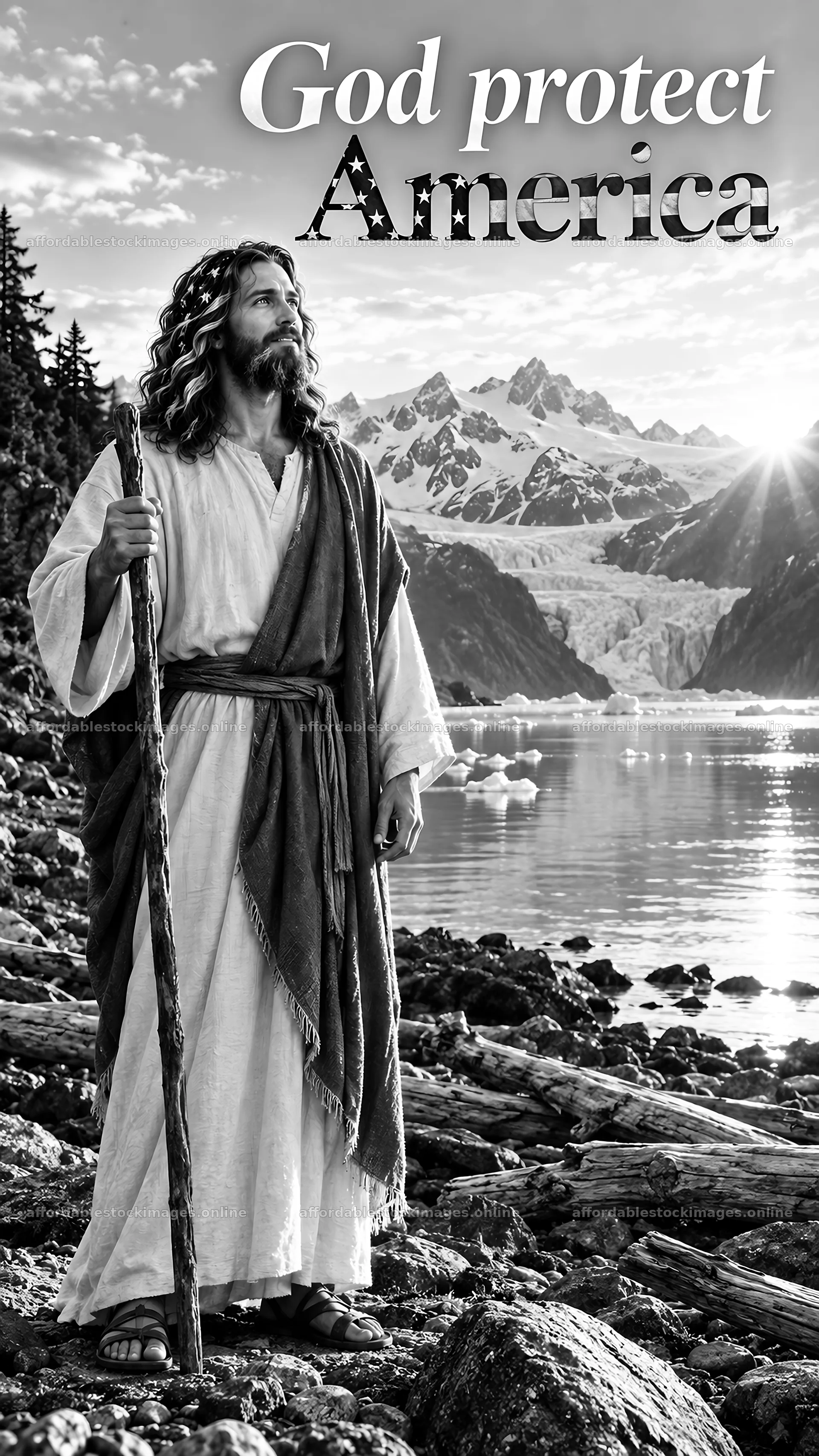 Jesus Christ standing by the water in nature – stock images 5811x10326