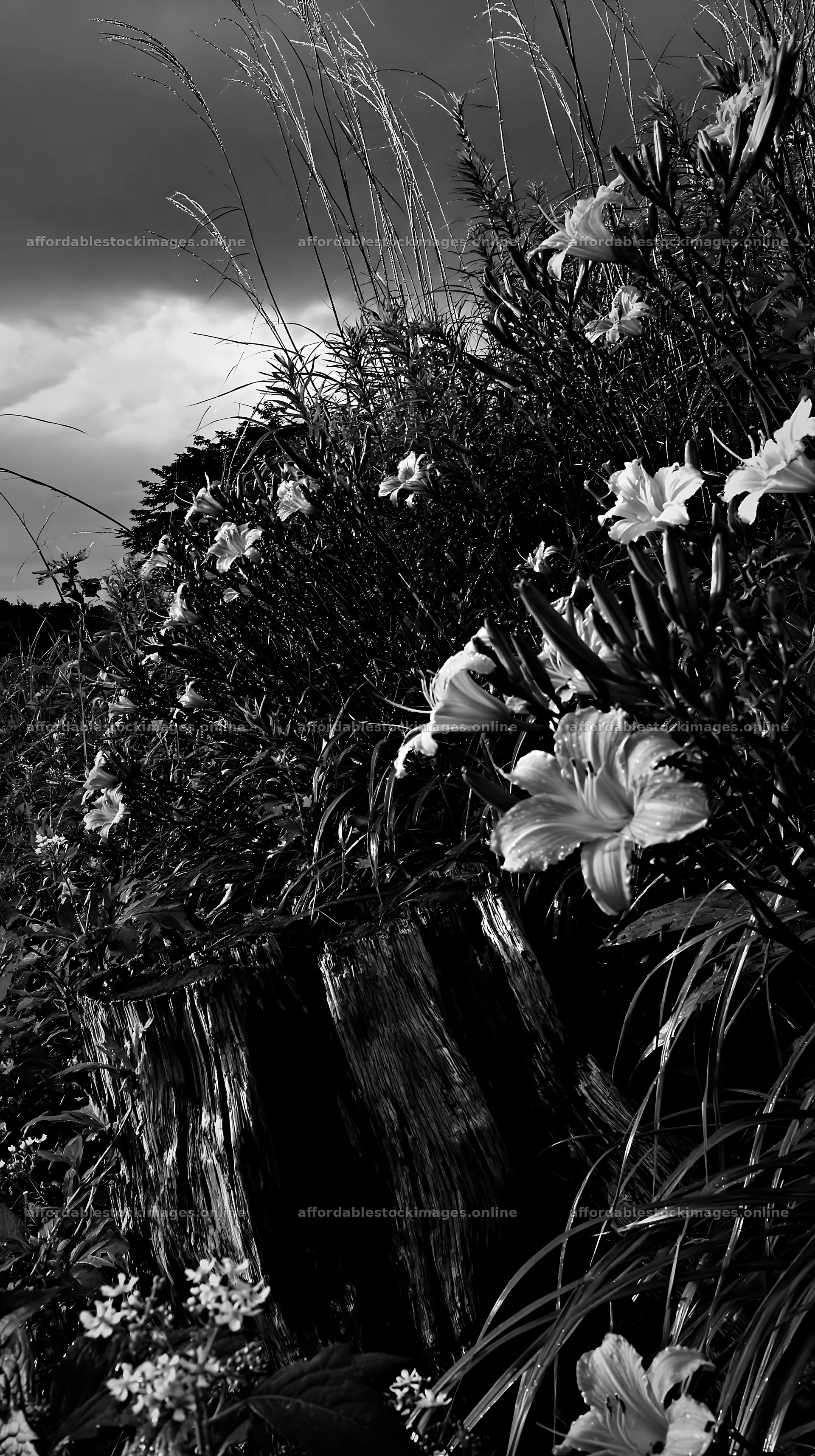 Fukushima native meadow with weathered stump and orange flowers – stock images 5938x10608