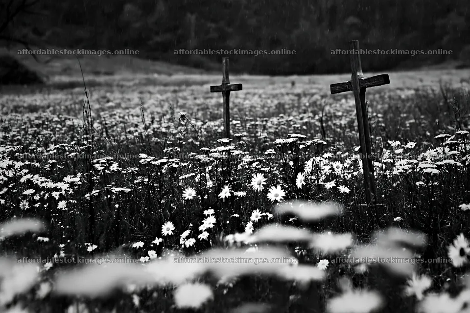 Christian crosses in rain soaked meadow with flowers – stock images 9722x6480