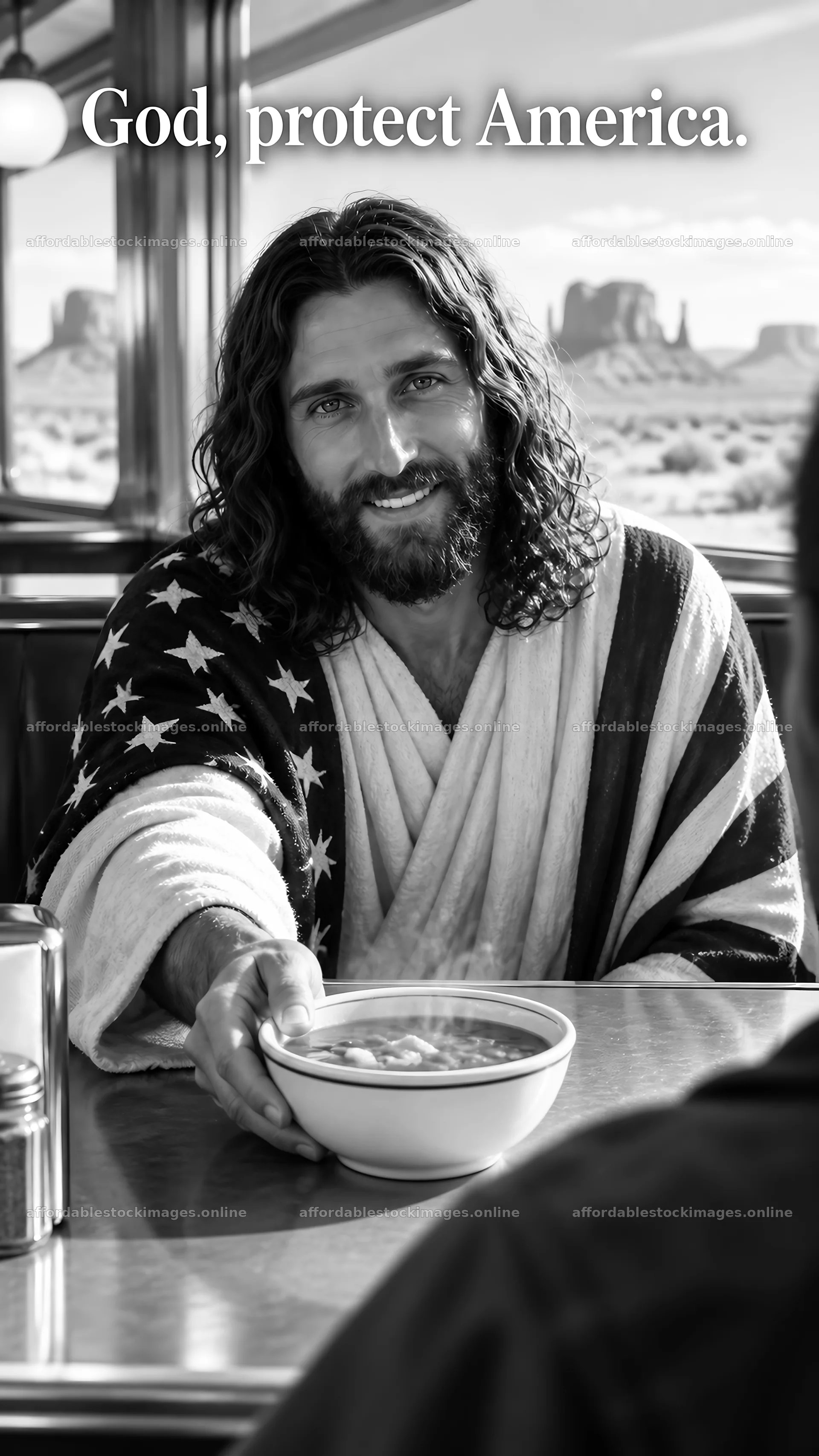 Jesus Christ serving soup in a diner setting – stock images 5811x10326