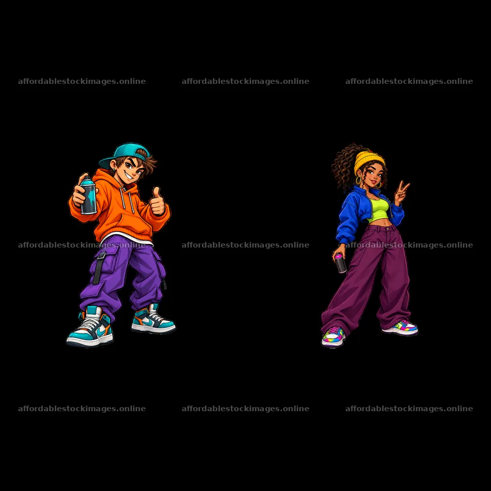 Cool graffiti sprayer duo giving thumbs up and peace sign – stock images 7746x7746
