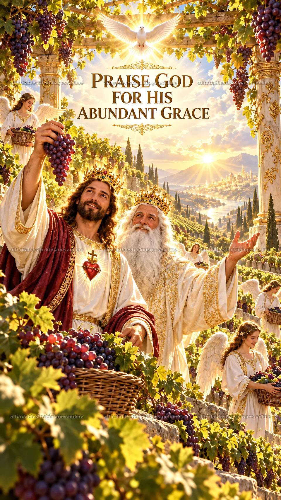 Jesus Christ sharing joy and abundance in a vineyard scene – stock images 5811x10326