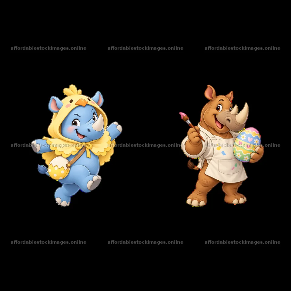Easter rhino and playful blue elephant painting eggs – stock images 7746x7746