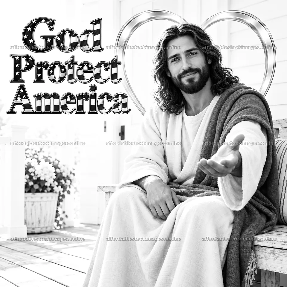Jesus Christ welcoming viewer in God Protect America scene – stock images 7746x7746