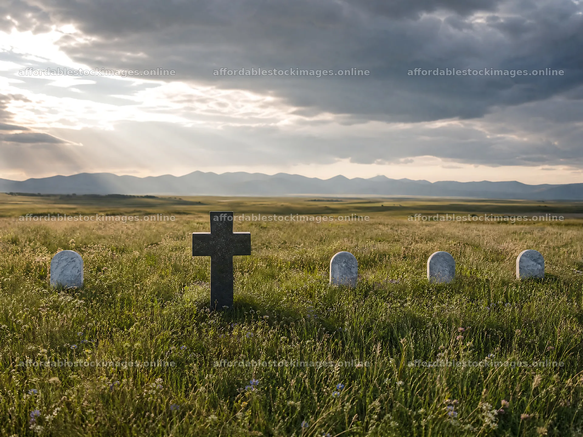 Christian cross in meadow with light rays – stock images 9166x6874