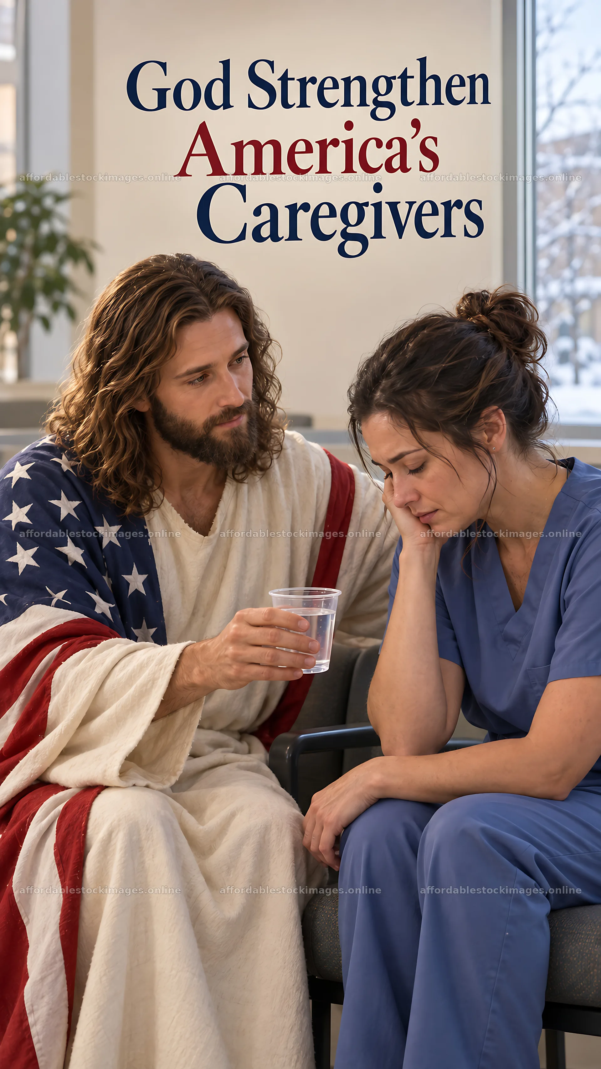 Jesus Christ comforting a caregiver in a hospital setting – stock images 5811x10326