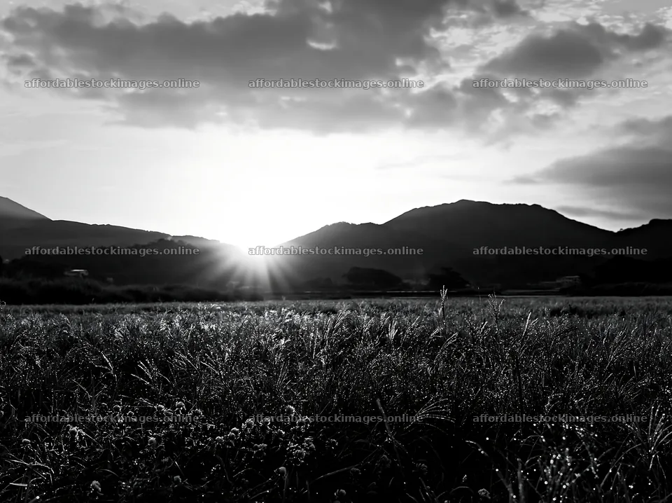 Miyazaki sunrise over meadow with dew covered sedges – stock images 9174x6866
