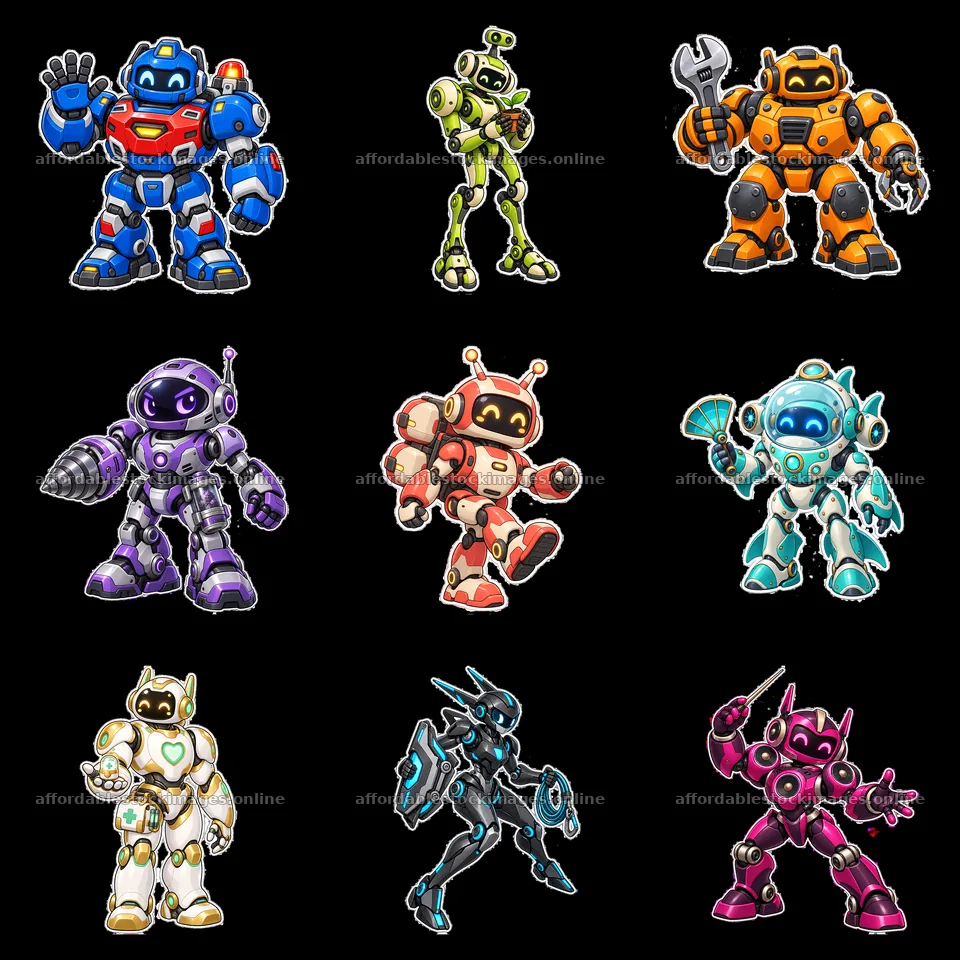 Mech robots in colorful designs and various poses in a 3x3 – stock images 7746x7746