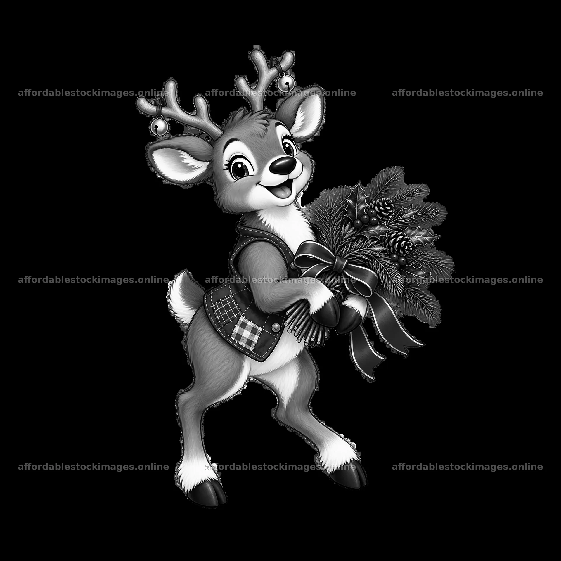 Reindeer carrying a bundle of pine and bows near a fireplace – stock images 7746x7746
