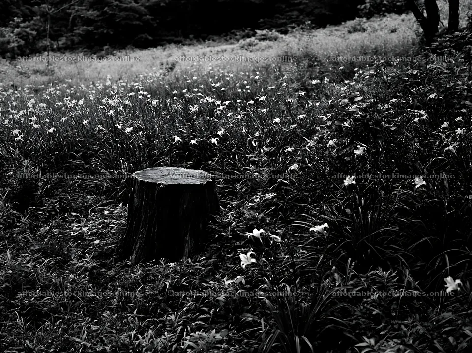 Fukushima native meadow with weathered stump and flowers – stock images 9174x6866