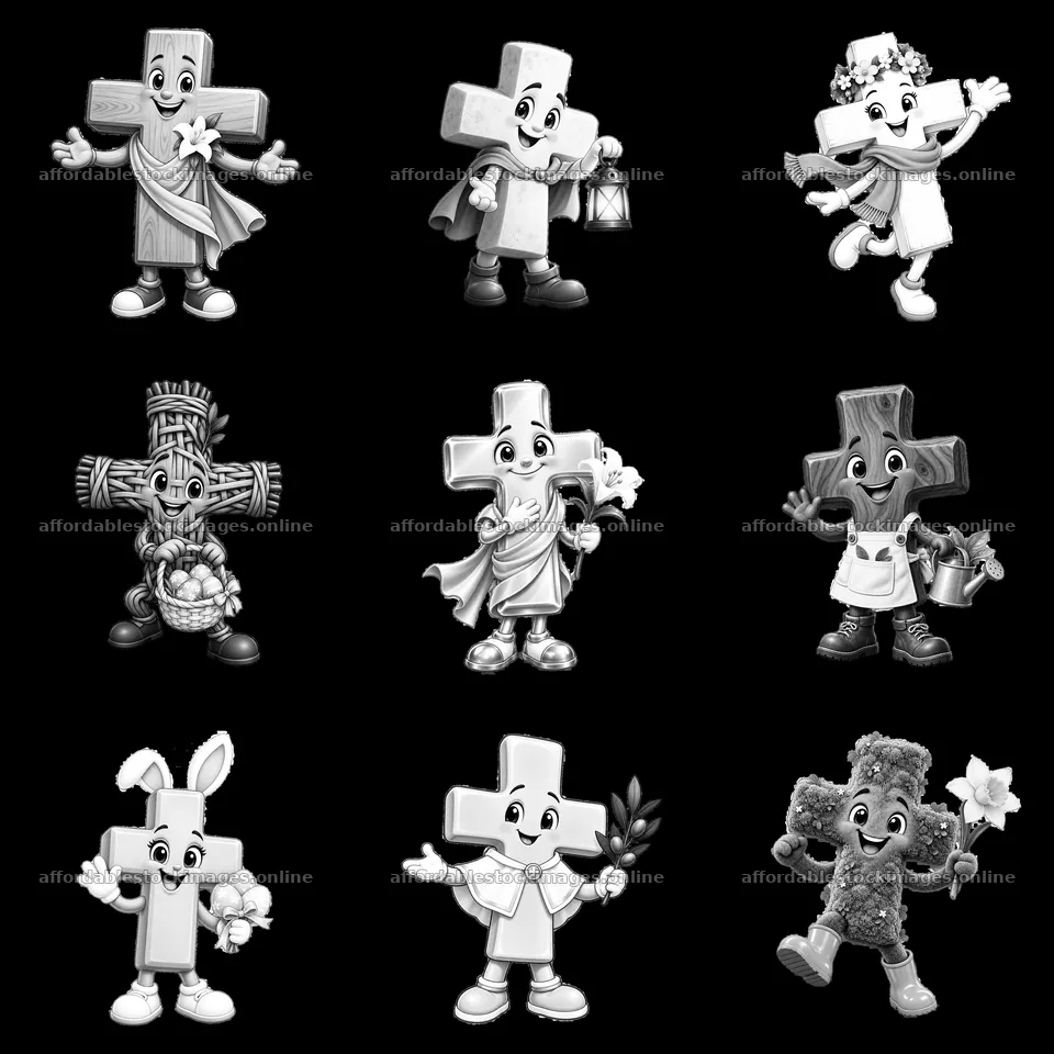 Easter crosses with cartoon characters in a joyful grid layout – stock images 7746x7746
