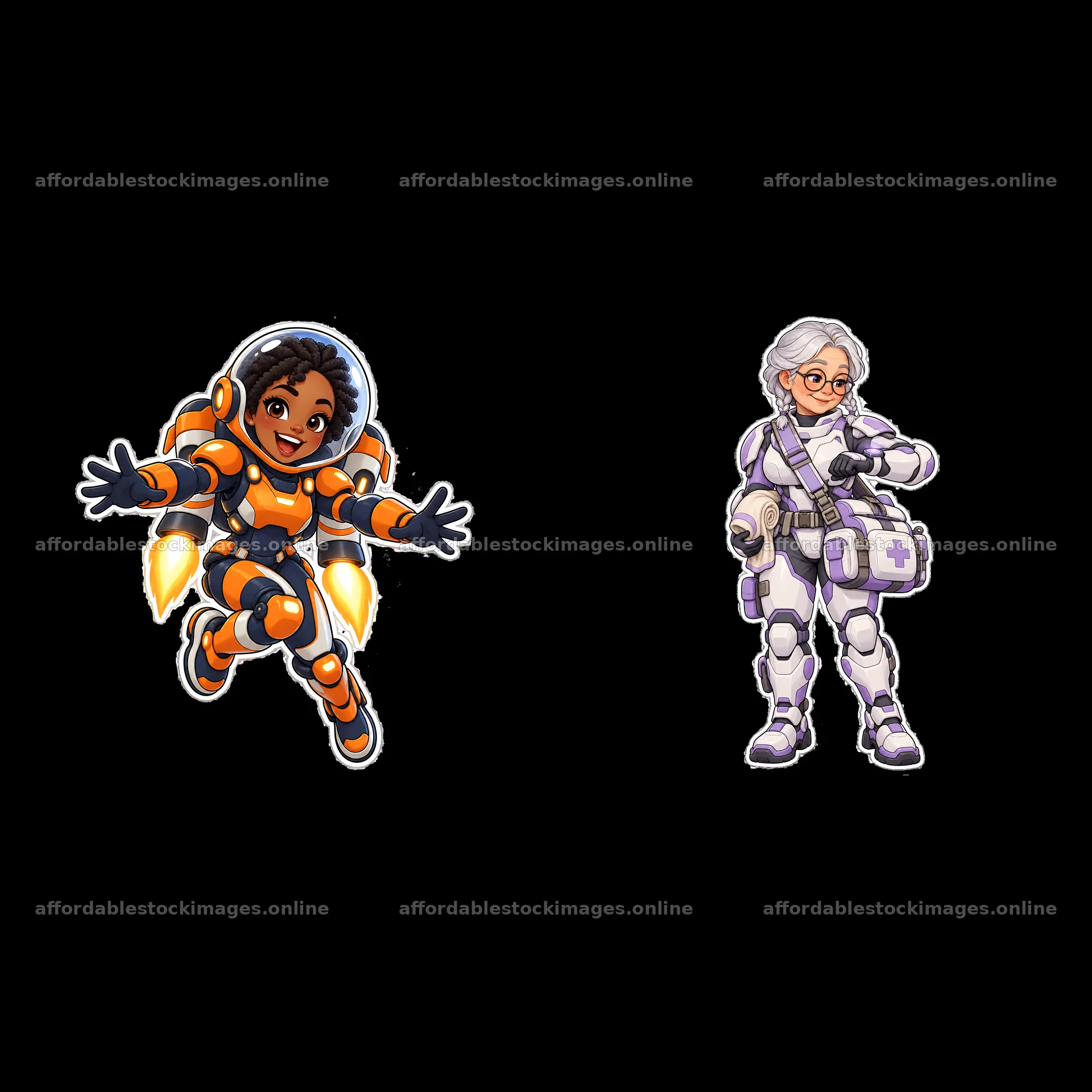 Kawaii futuristic super-soldier duo with jetpack and medical kit – stock images 7746x7746