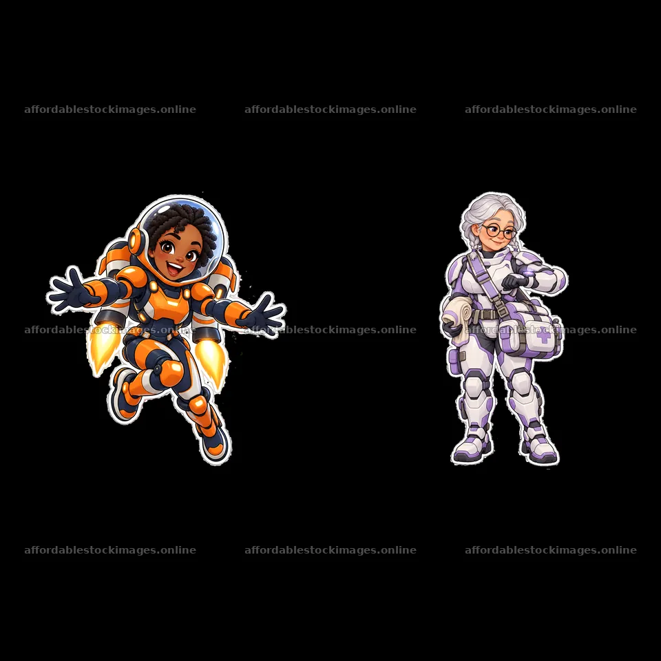 Kawaii futuristic super-soldier duo with jetpack and medical kit – stock images 7746x7746