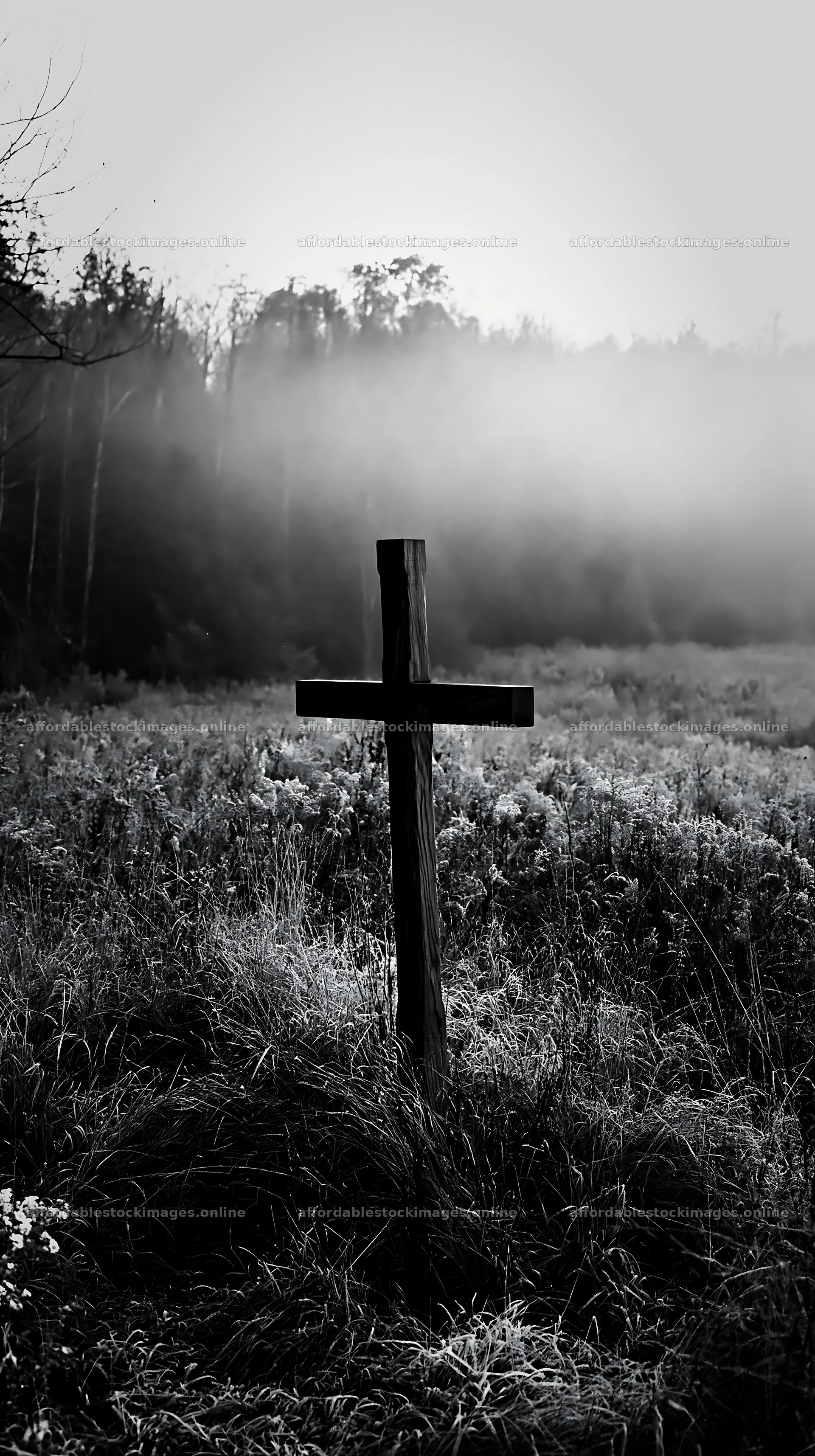 Carved oak cross in frosted meadow at dawn – stock images 5938x10608