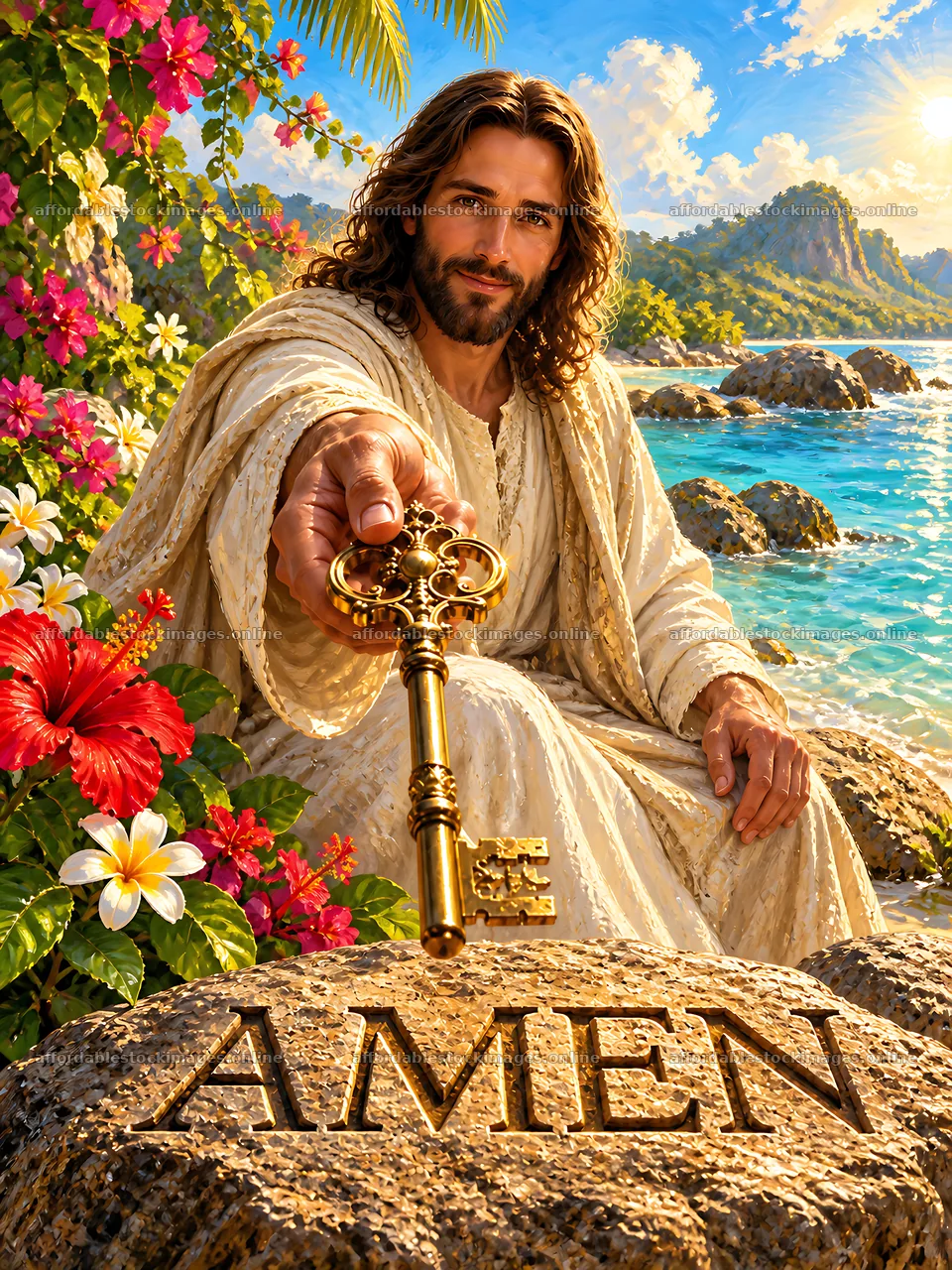 Jesus holding a key near the ocean with a stone engraving – stock images 6874x9166